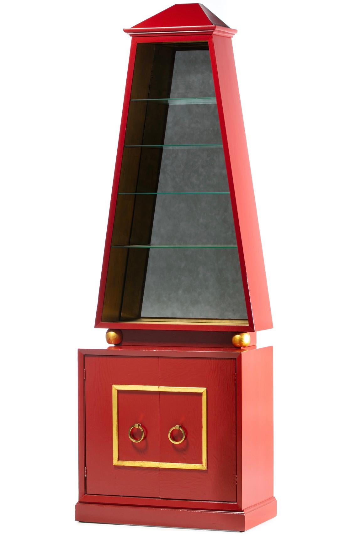 Hollywood Regency Obelisk Cabinet Finished in Red Lacquer & Gold Leaf circa 1960 For Sale 11