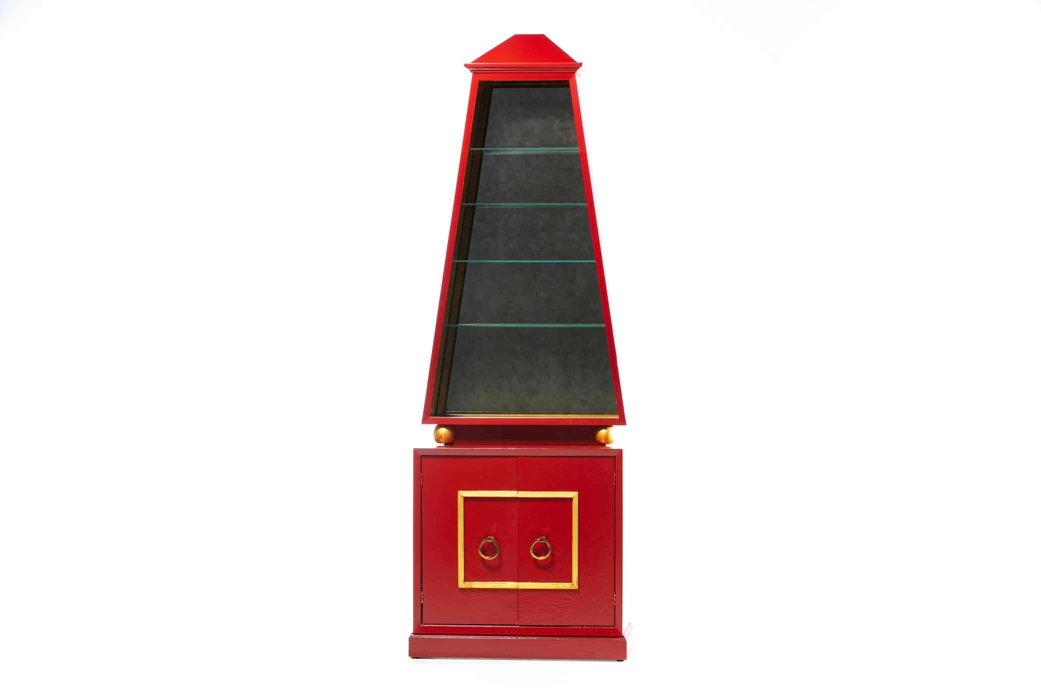 Hollywood Regency Obelisk Cabinet Finished in Red Lacquer & Gold Leaf circa 1960 In Good Condition For Sale In Saint Louis, MO