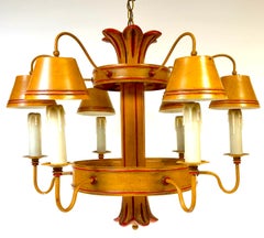 Lámpara de araña de seis luces estilo Hollywood Regency, color ocre, con acabado lacado y diseño de imitación de bambú en tole