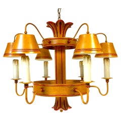 Lámpara de araña de seis luces estilo Hollywood Regency, color ocre, con acabado lacado y diseño de imitación de bambú en tole