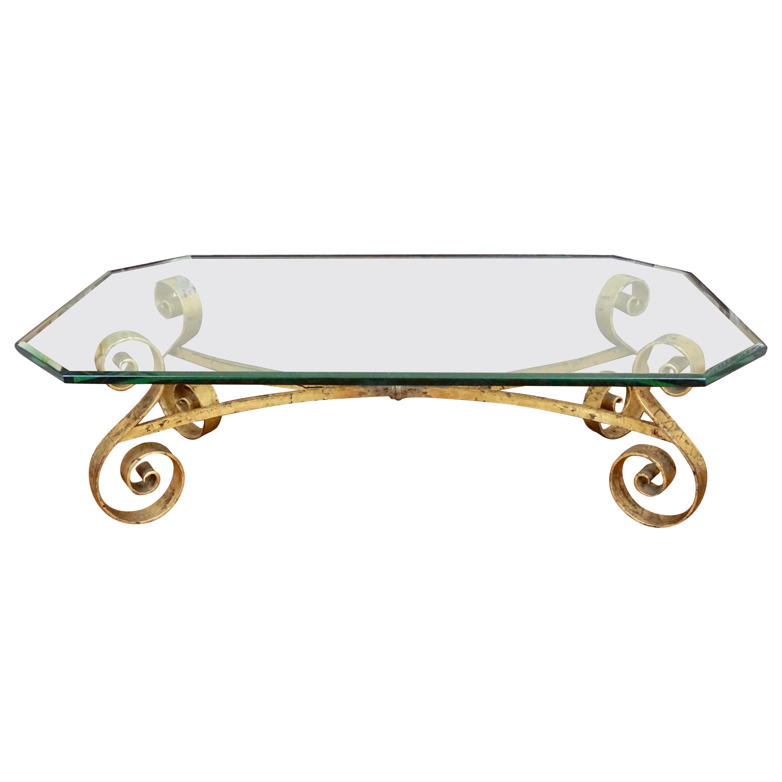Hollywood Regency Octagonal Beveled Glass Top Coffee Table with Gilt Base