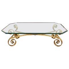 Hollywood Regency Octagonal Beveled Glass Top Coffee Table with Gilt Base