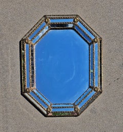 Hollywood Regency Octagonal Mirror with Brass Floral Accent, Italy 1970s