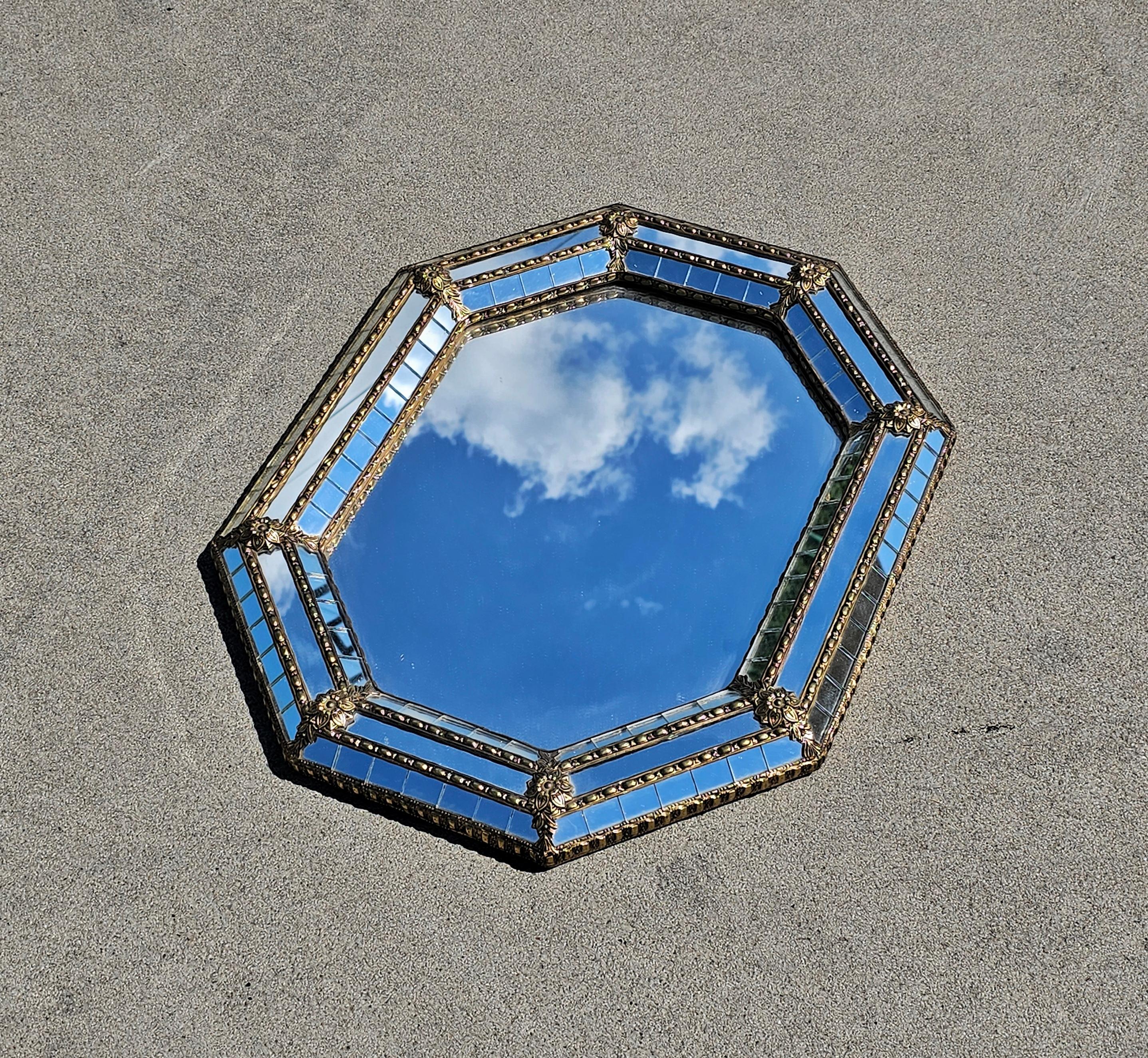 Italian Hollywood Regency Octagonal Mirror with Brass Floral Accent, Italy 1970s For Sale