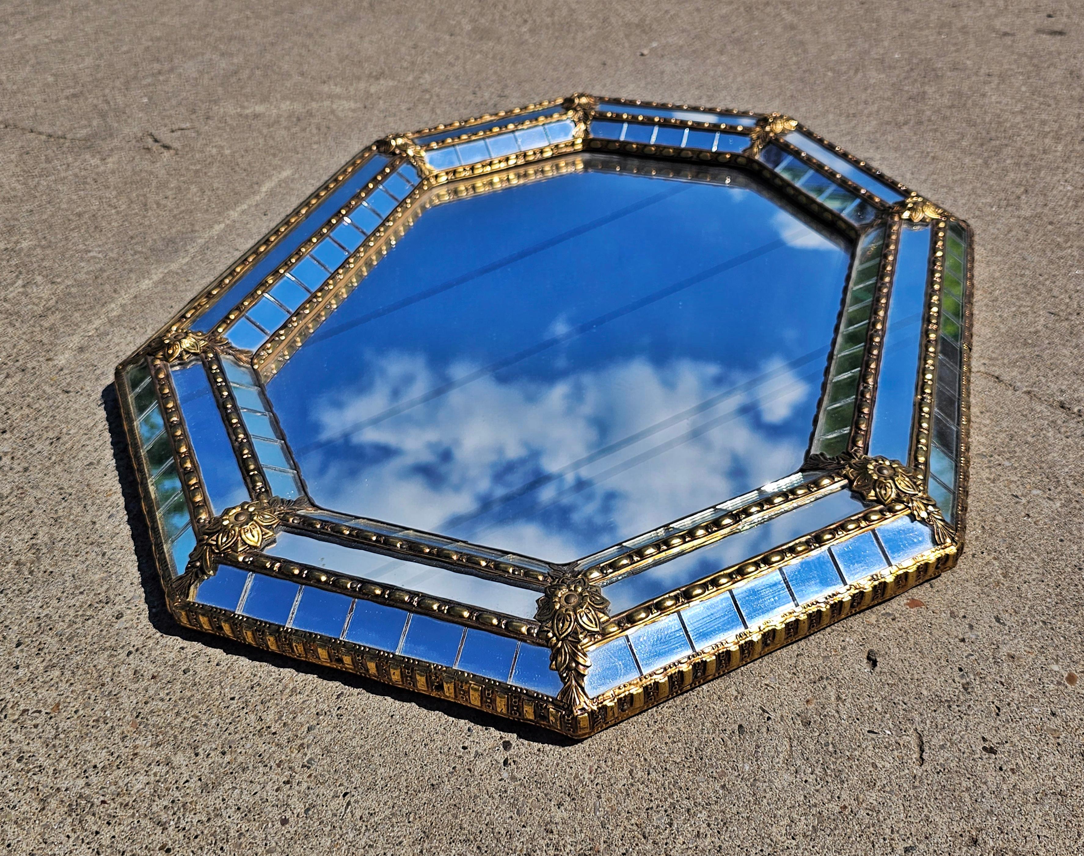 Hollywood Regency Octagonal Mirror with Brass Floral Accent, Italy 1970s For Sale 1