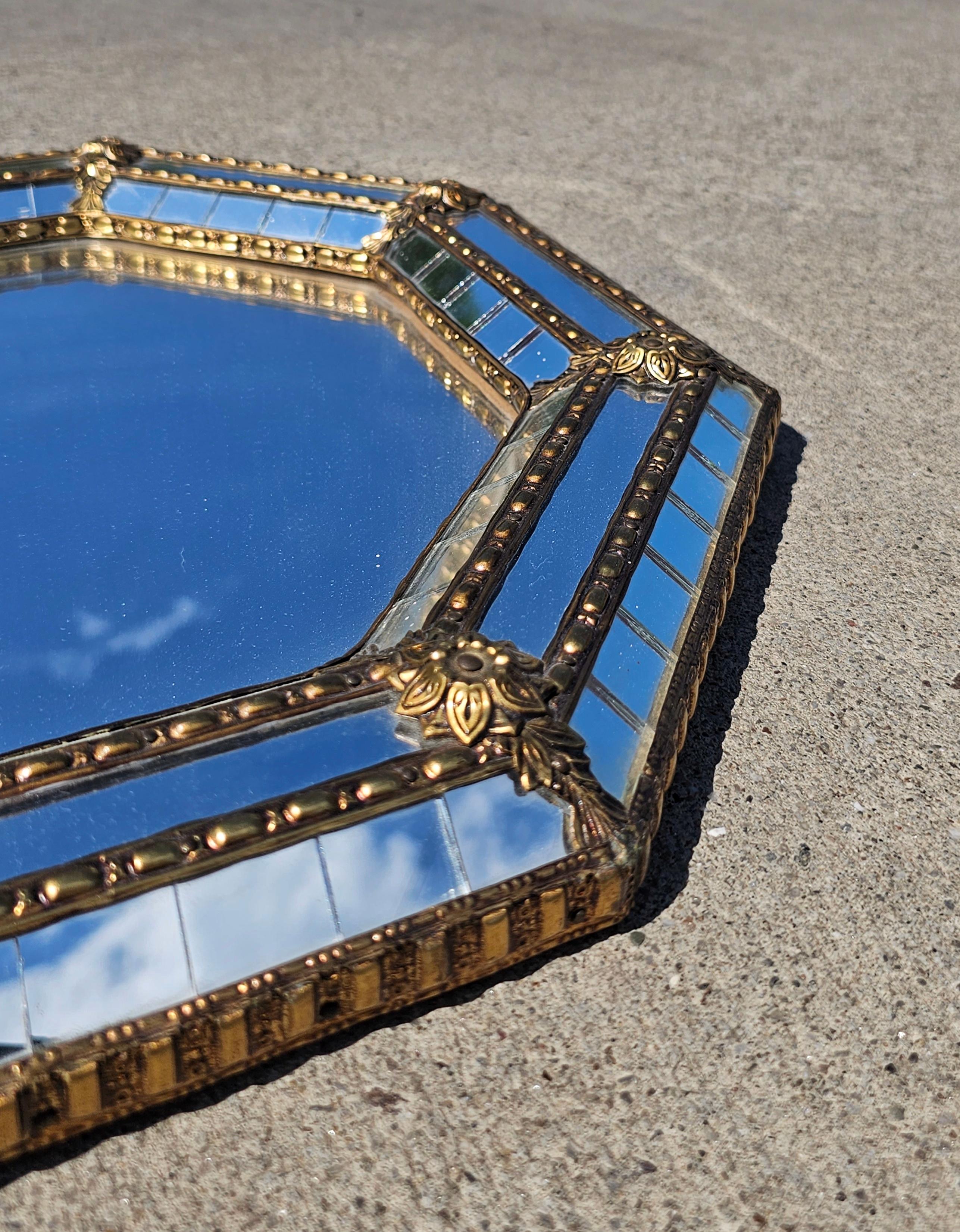 Hollywood Regency Octagonal Mirror with Brass Floral Accent, Italy 1970s For Sale 3
