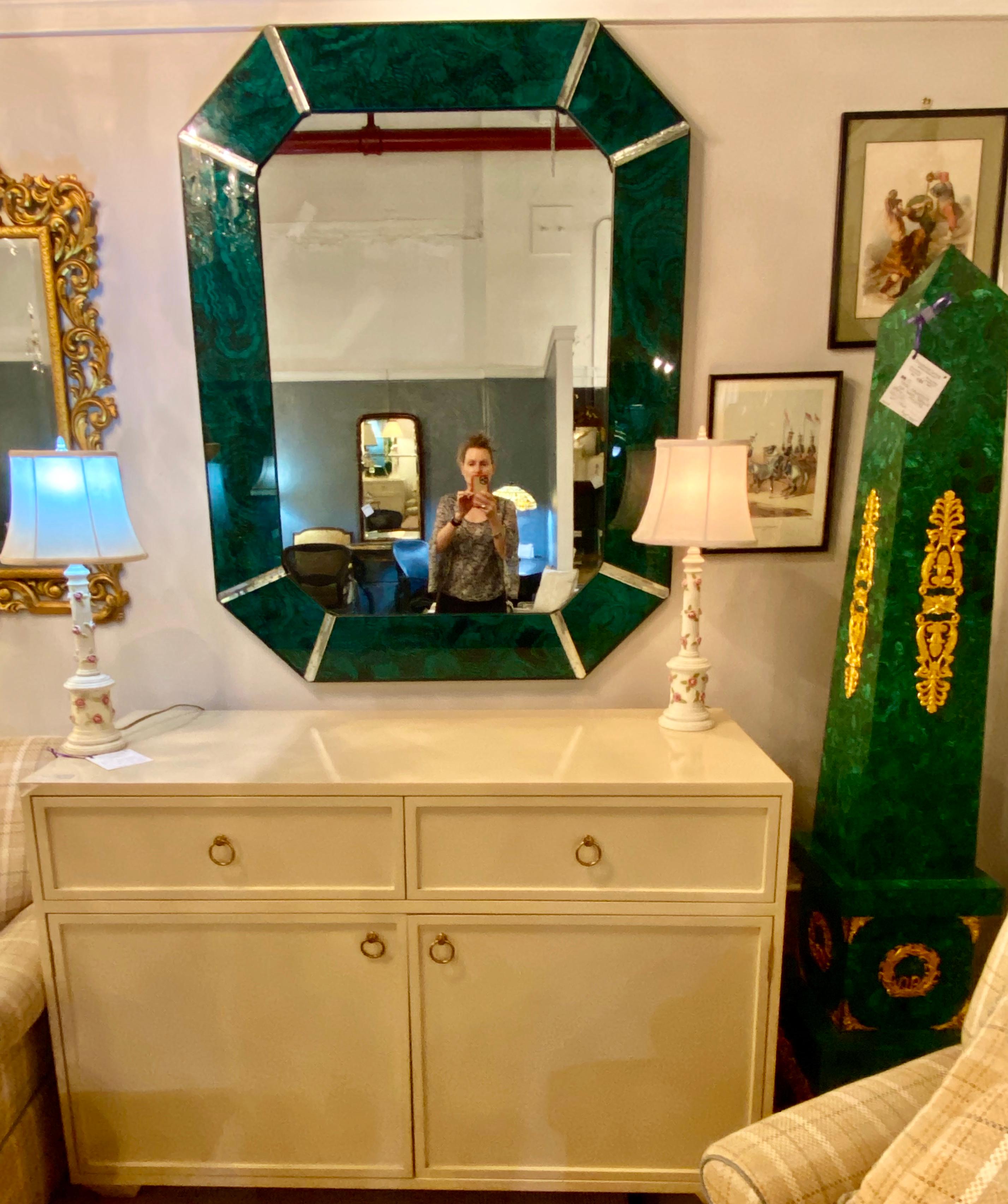 Hollywood Regency Octagonal Wall Mirrors Antiqued Malachite Style For Sale 8