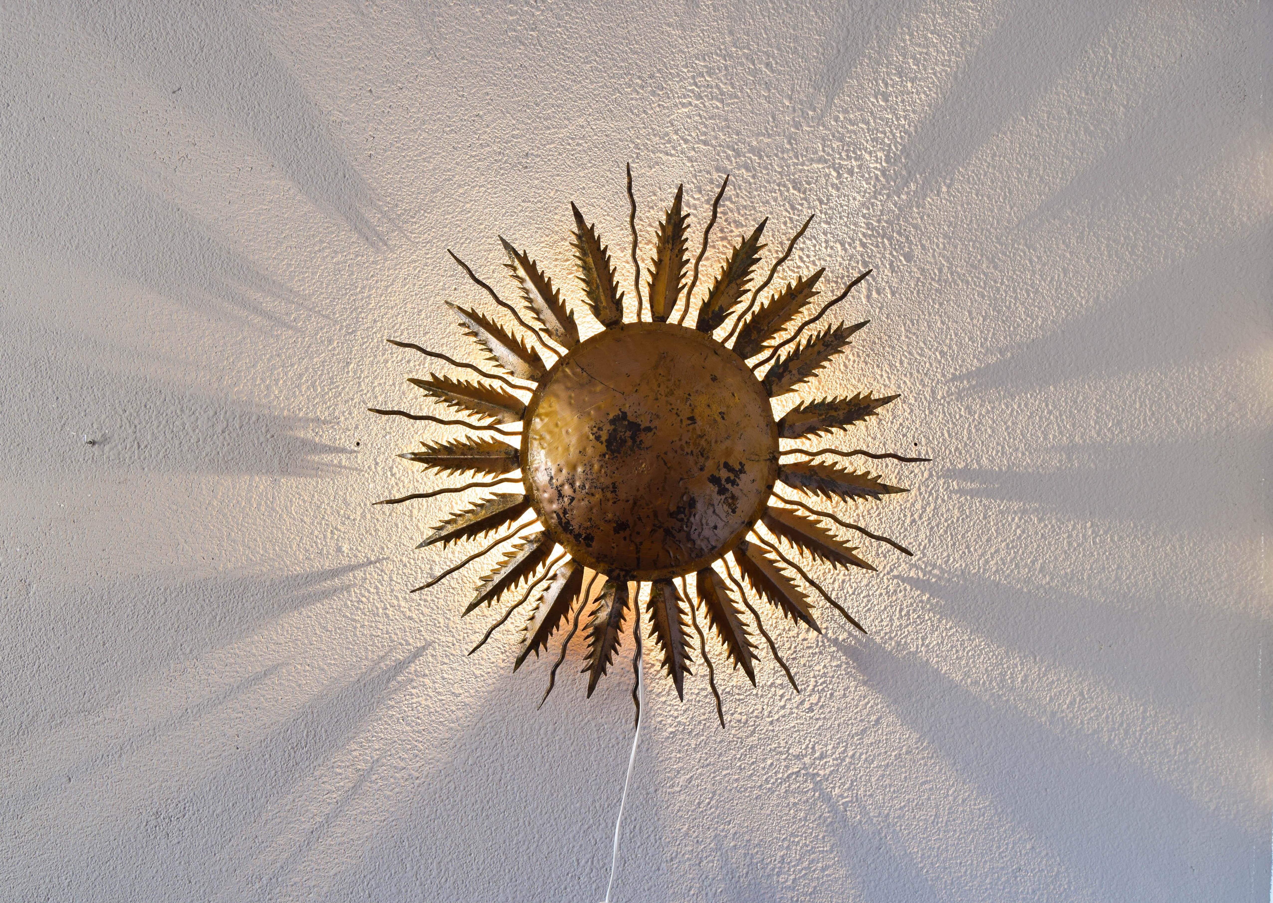 Hollywood Regency Old Sun Golden Flush Mount Sconce Light Spain 1940s For Sale 4