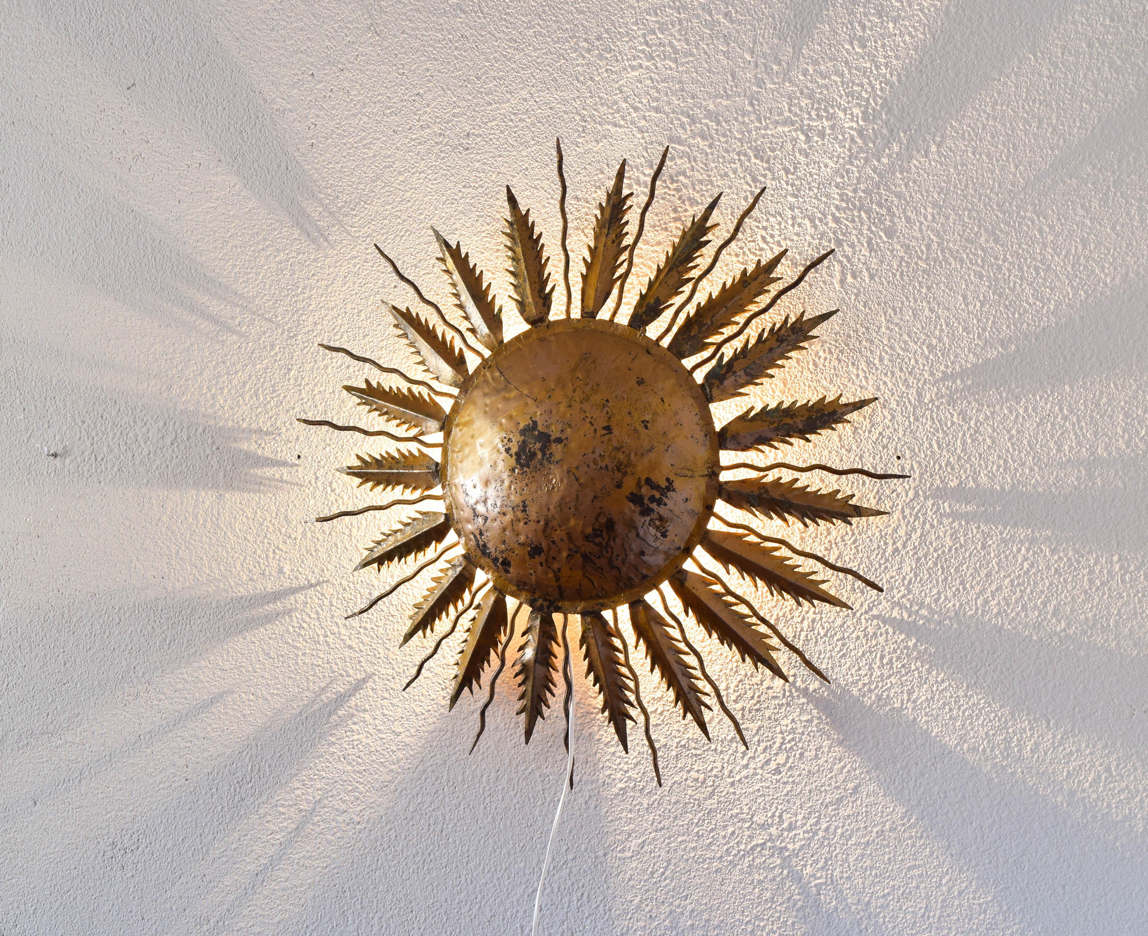 Hollywood Regency Old Sun Golden Flush Mount Sconce Light Spain 1940s For Sale 5