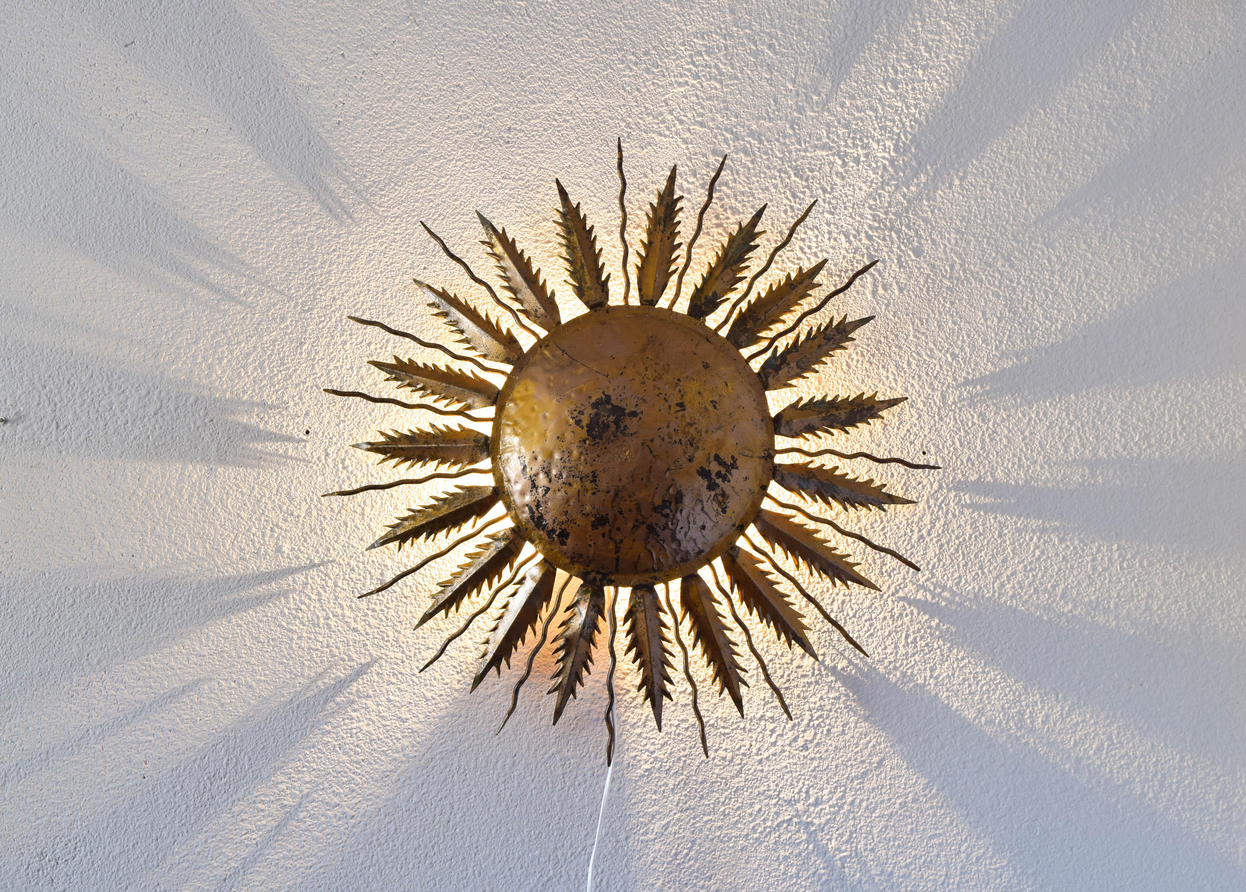Metal Hollywood Regency Old Sun Golden Flush Mount Sconce Light Spain 1940s For Sale