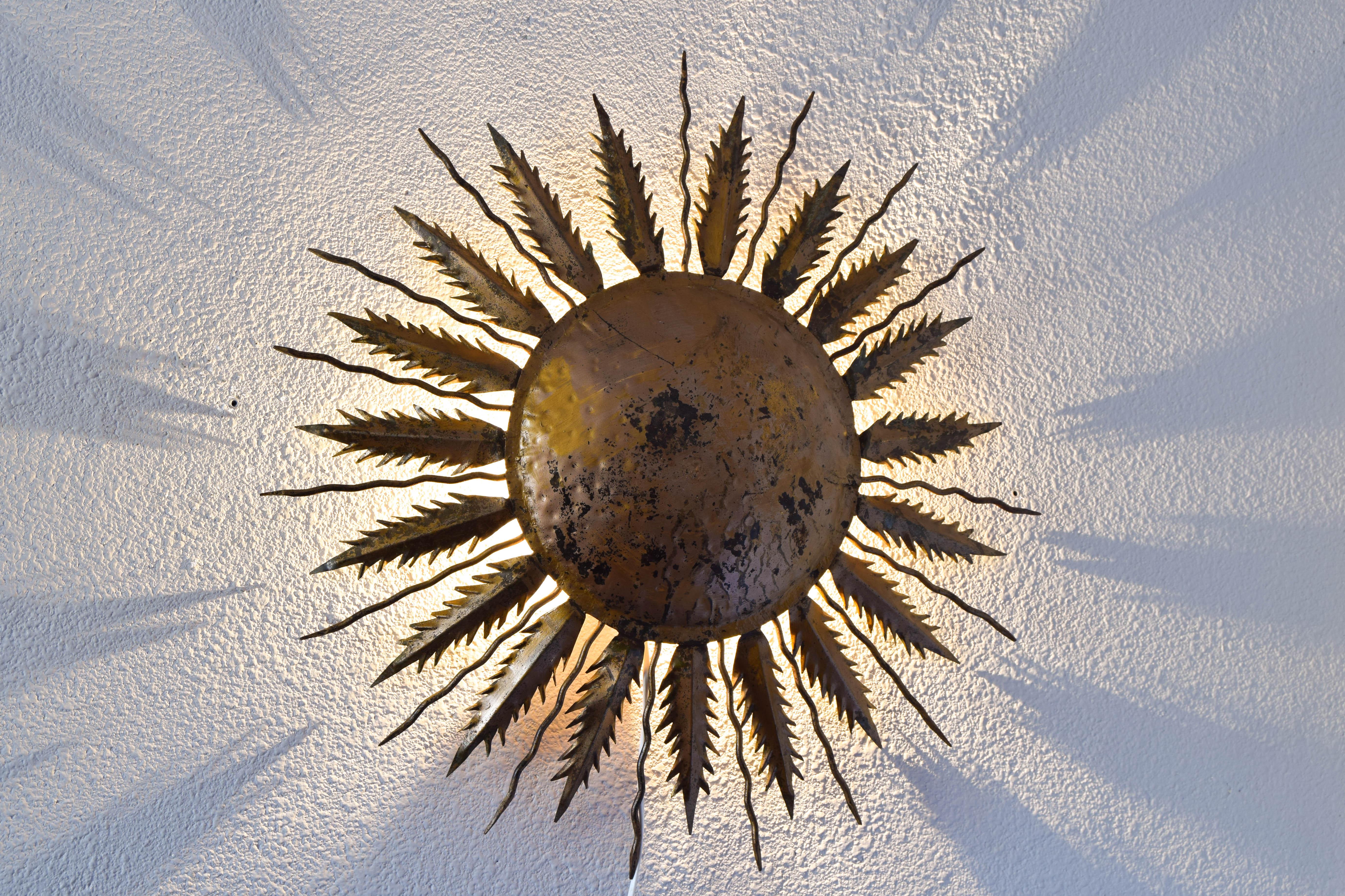 Hollywood Regency Old Sun Golden Flush Mount Sconce Light Spain 1940s For Sale 1