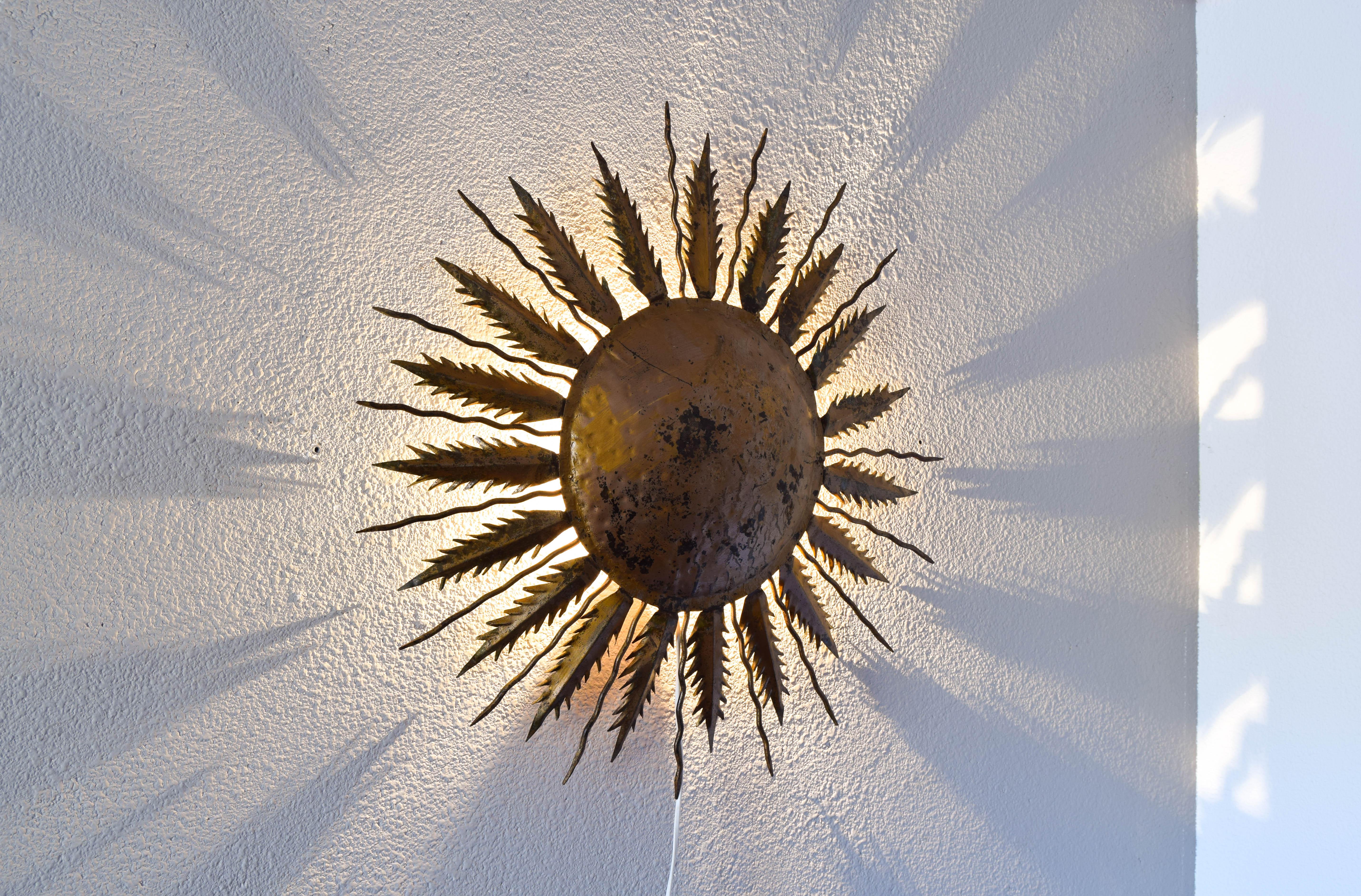Hollywood Regency Old Sun Golden Flush Mount Sconce Light Spain 1940s For Sale 2