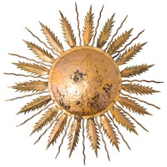 Hollywood Regency Old Sun Golden Flush Mount Sconce Light Spain 1940s