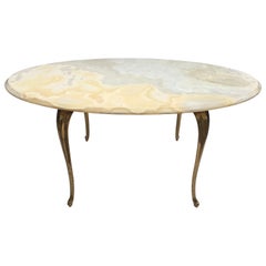Hollywood Regency Onyx Stone and Brass Oval Cocktail Coffee Table, Italy