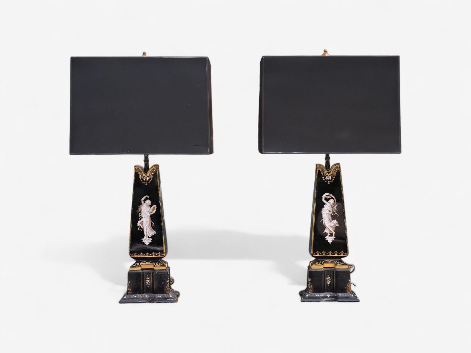 French Hollywood Regency, Opaline, Bronze, Painted Table Lamps, France, 1920s For Sale