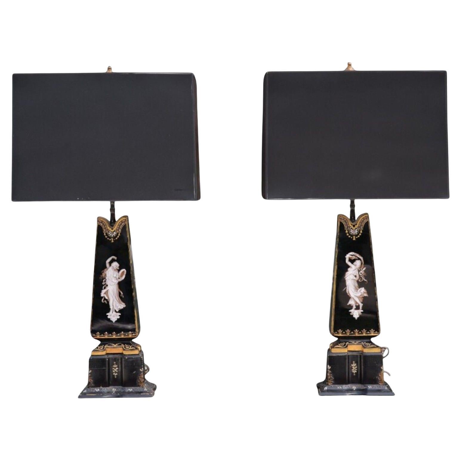 Hollywood Regency, Opaline, Bronze, Painted Table Lamps, France, 1920s For Sale