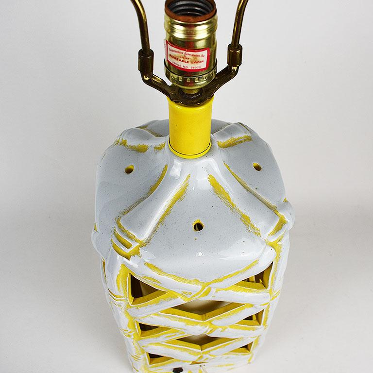 Metal Hollywood Regency or Chinoiserie Ceramic Faux Bamboo Lamp in Yellow and White