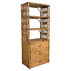Hollywood Regency & Organic Modern Rattan Etagere Cabinet w/ Drawers & Shelves