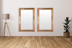 Organic Modern Style Walnut & Brass Filigree Design Wall Mirror, a Pair