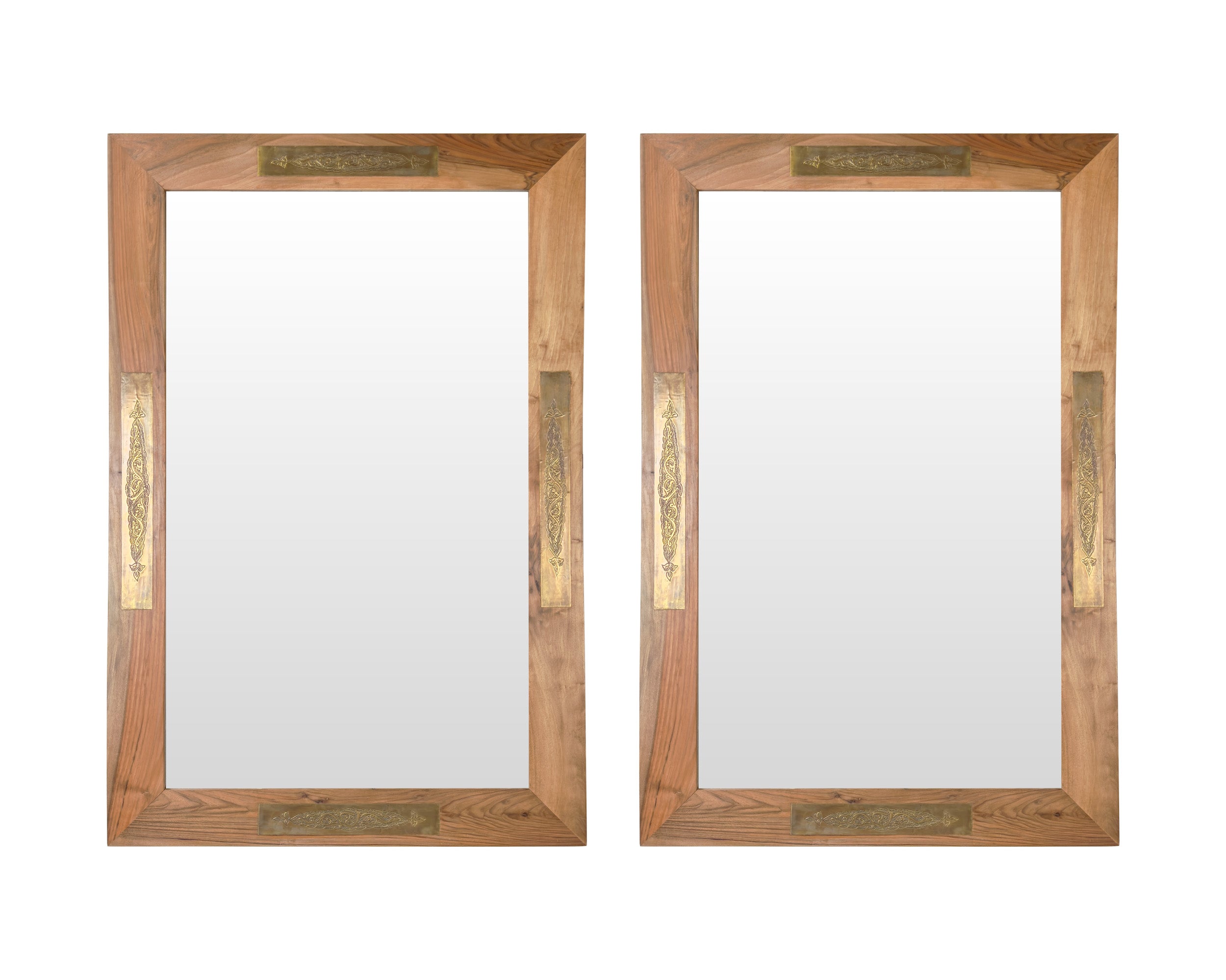 Organic Modern Style Walnut & Brass Filigree Design Wall Mirror, a Pair