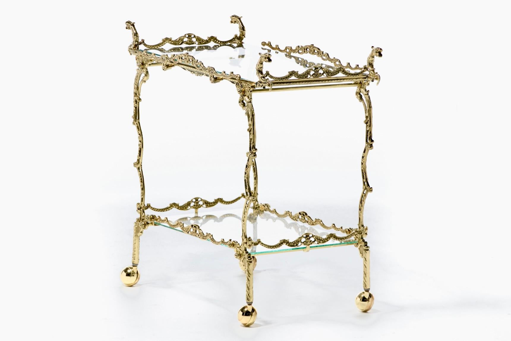 Hollywood Regency Ornate Chinoiserie Polished Brass Bar Cart c. 1955 For Sale 4