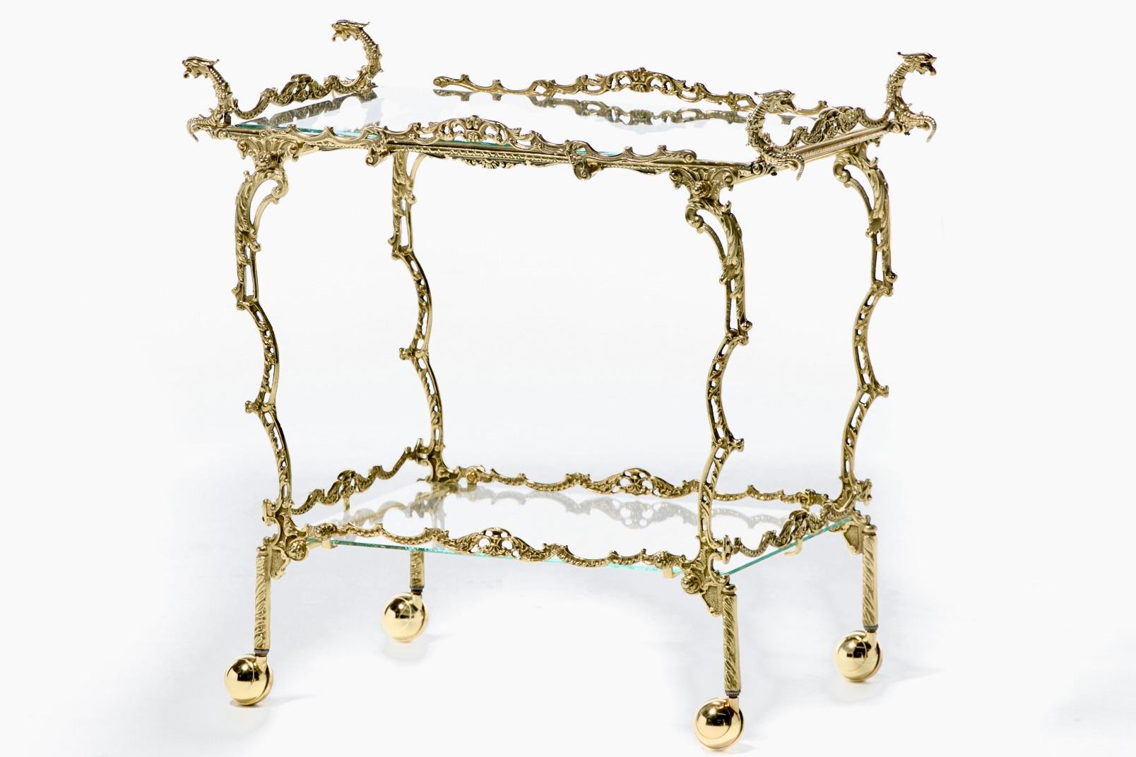 Hollywood Regency Ornate Chinoiserie Polished Brass Bar Cart c. 1955 For Sale 5