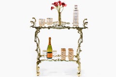 Hollywood Regency Ornate Chinoiserie Polished Brass Bar Cart c. 1955