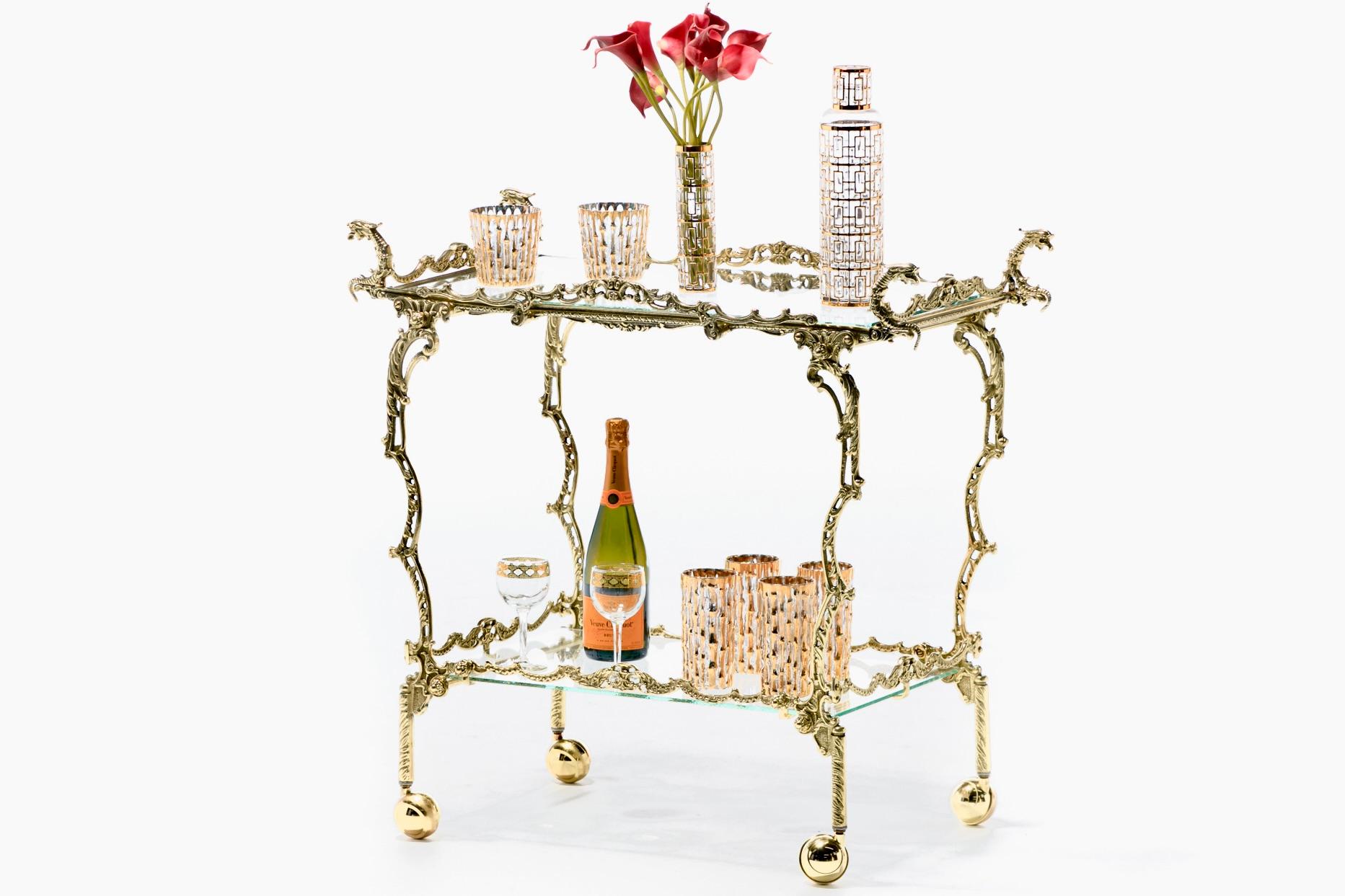 Italian Hollywood Regency Ornate Chinoiserie Polished Brass Bar Cart c. 1955 For Sale