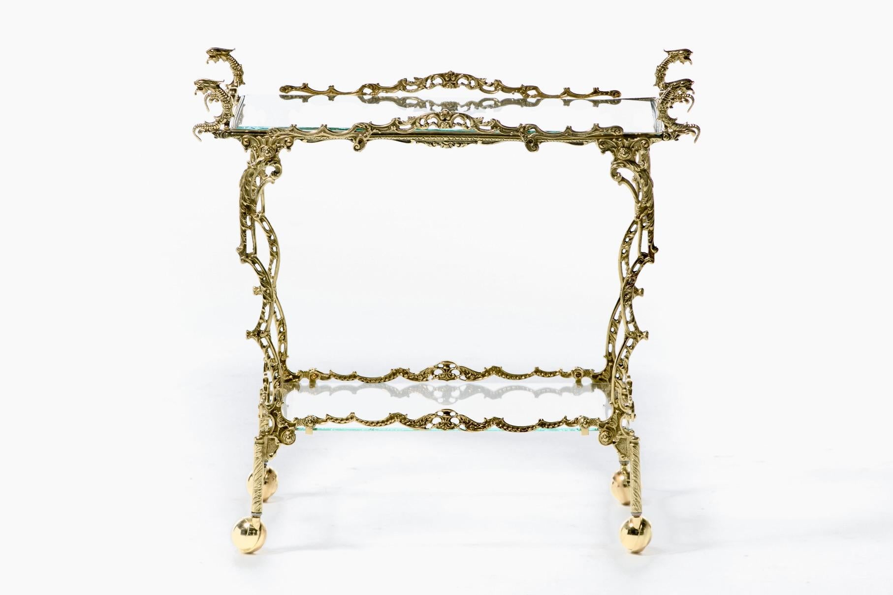 Mid-20th Century Hollywood Regency Ornate Chinoiserie Polished Brass Bar Cart c. 1955 For Sale