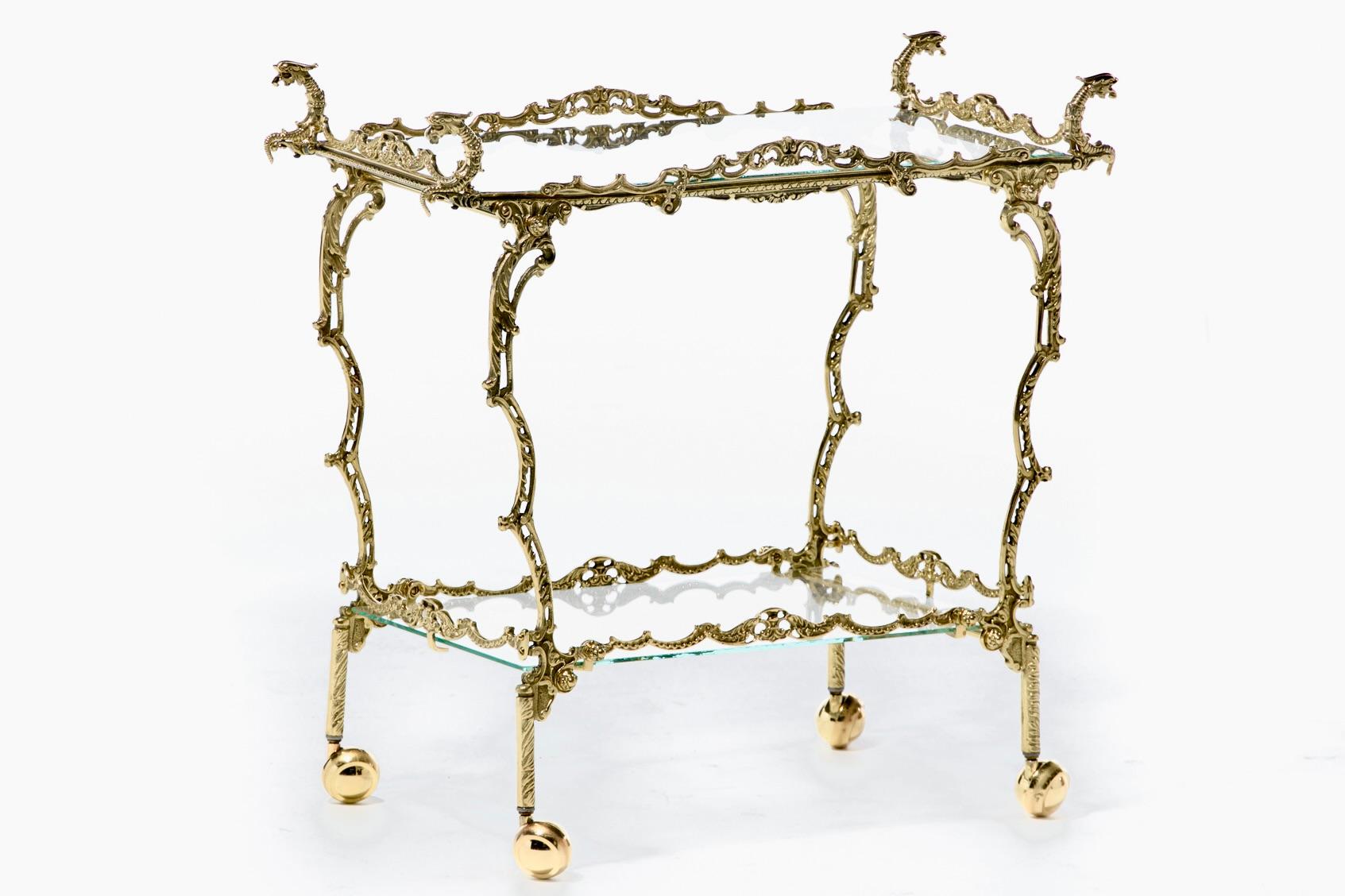Hollywood Regency Ornate Chinoiserie Polished Brass Bar Cart c. 1955 For Sale 1