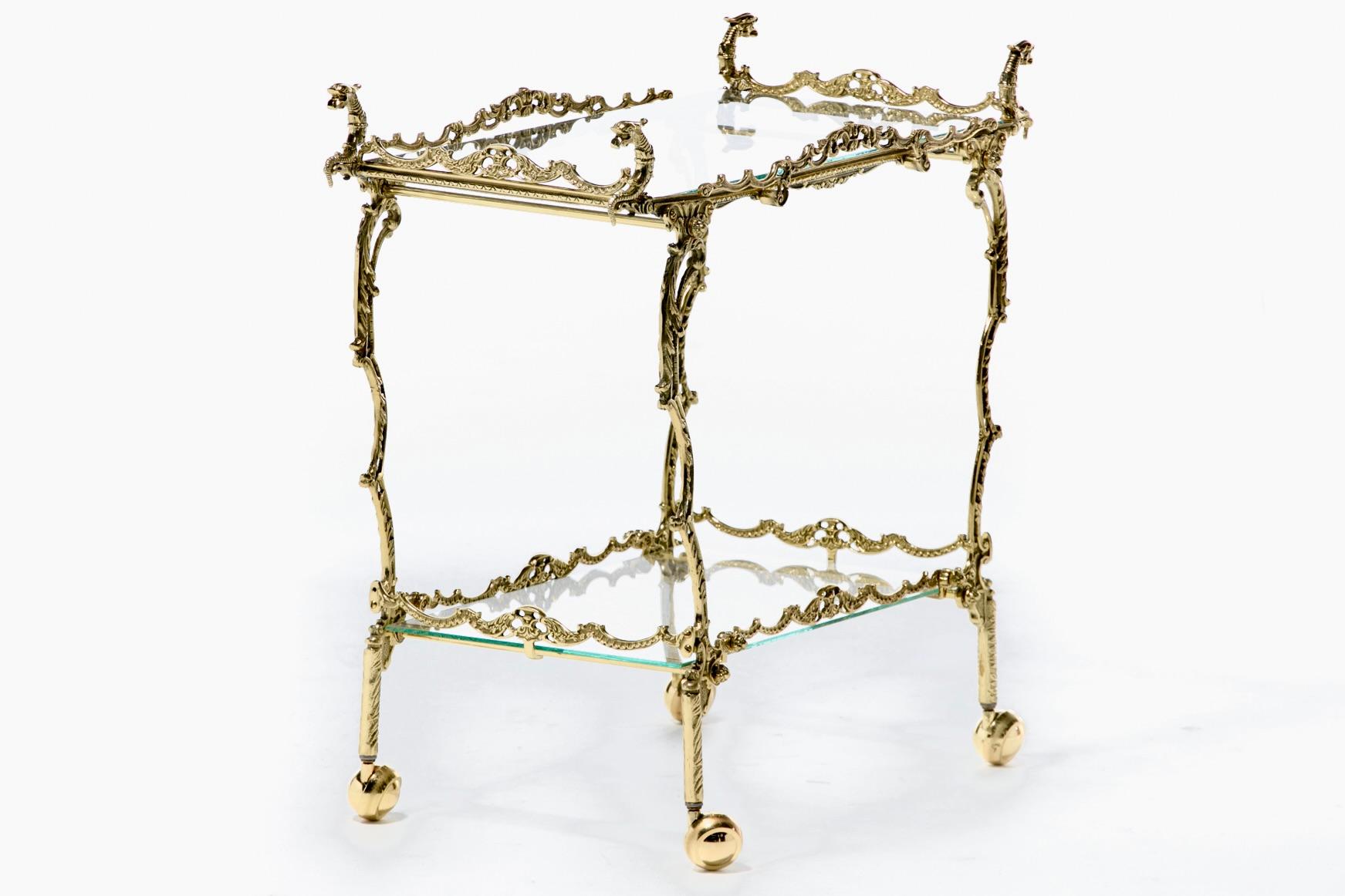 Hollywood Regency Ornate Chinoiserie Polished Brass Bar Cart c. 1955 For Sale 2