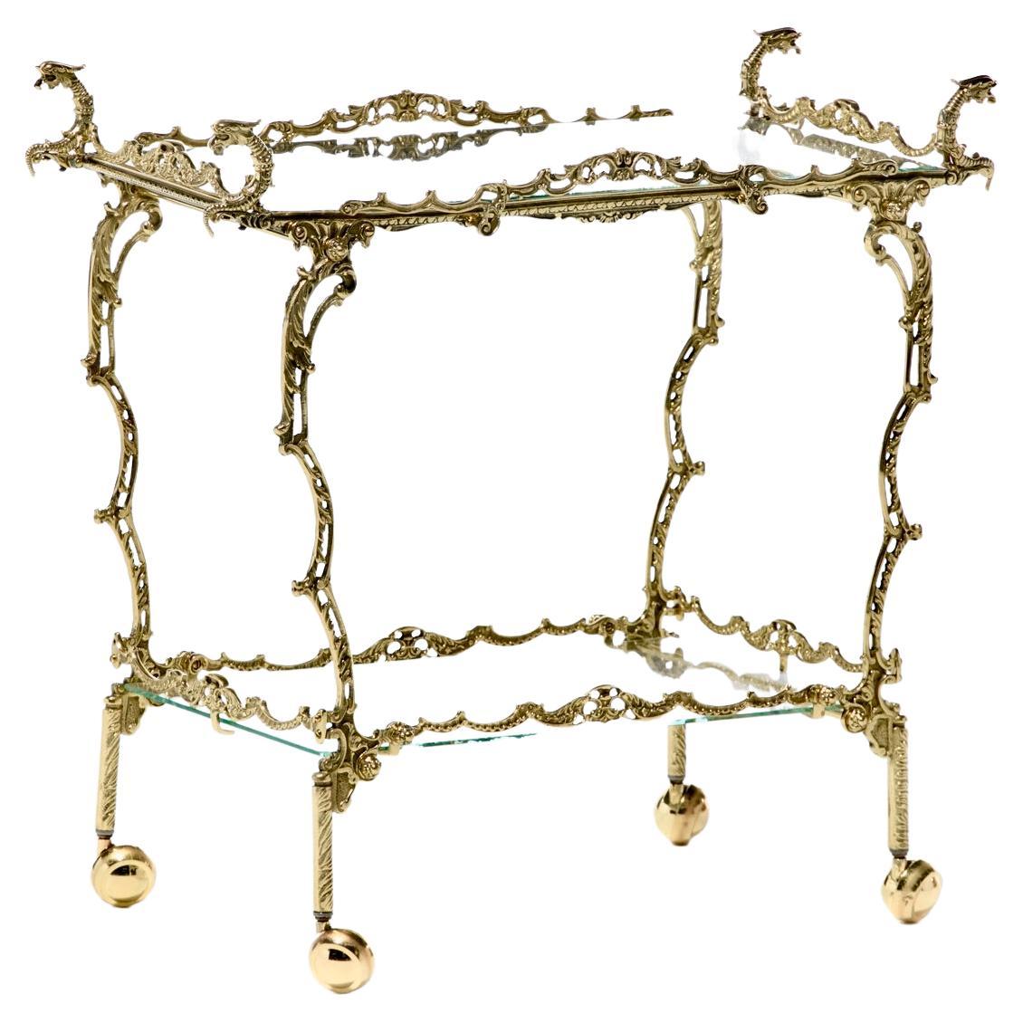 Hollywood Regency Ornate Chinoiserie Polished Brass Bar Cart c. 1955 For Sale