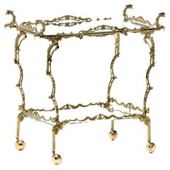 Retro Hollywood Regency Ornate Chinoiserie Polished Brass Bar Cart c. 1955