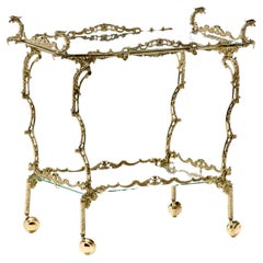 Vintage Hollywood Regency Ornate Chinoiserie Polished Brass Bar Cart c. 1955