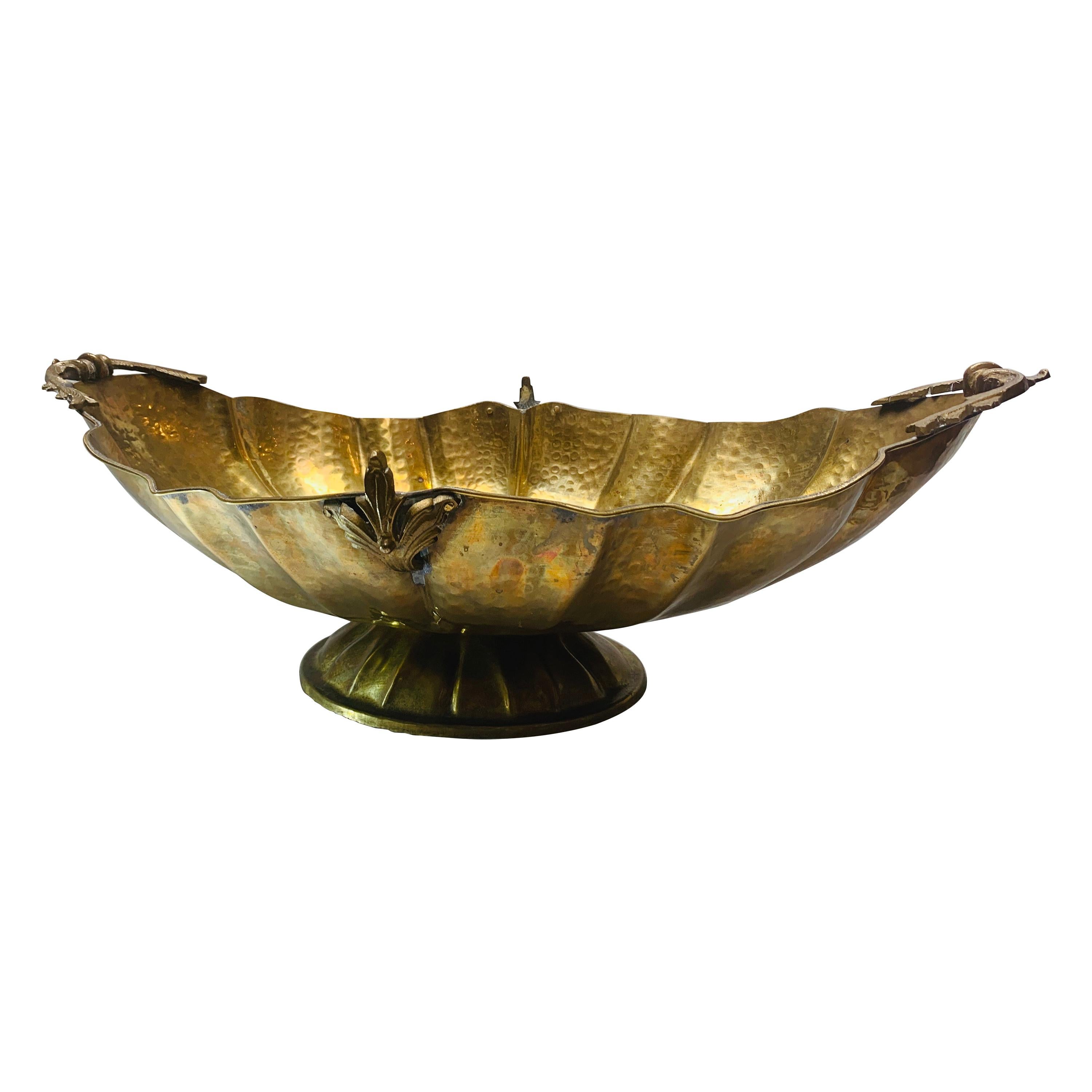 Hollywood Regency, Oval Scalloped 19th Century Hammered Brass Tureen