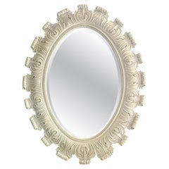 Hollywood Regency Oval Sunburst Mirror with Carved Acanthus Leaf Frame