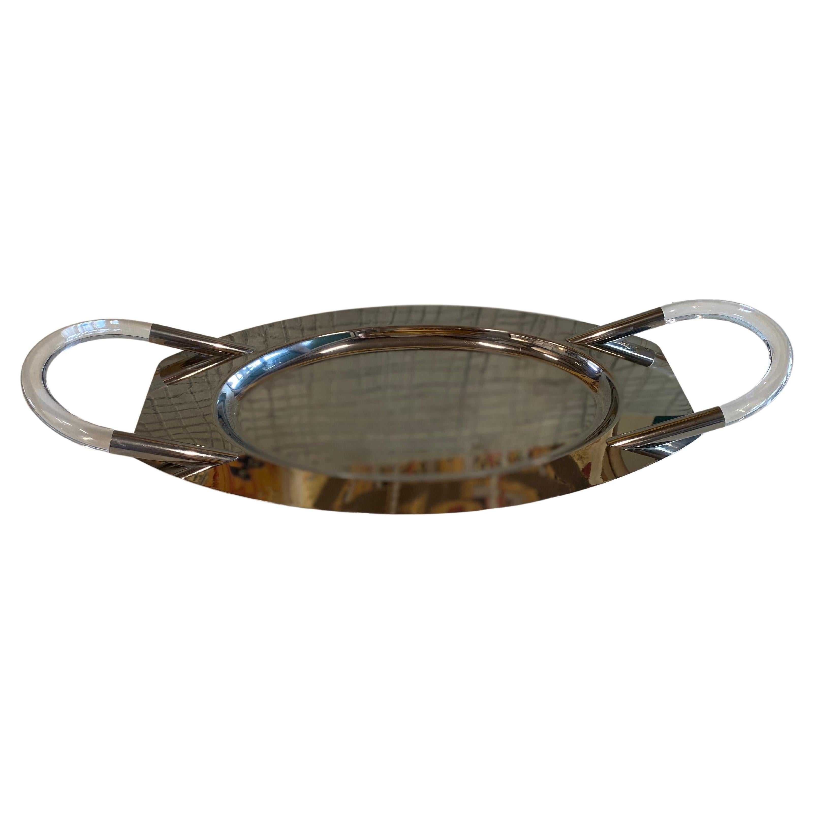 Hollywood regency oval tray, chrome with acrylic glass handles For Sale