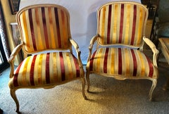 Hollywood Regency Oversized Distressed Finish Louis XV Style Marquis Chairs Pair
