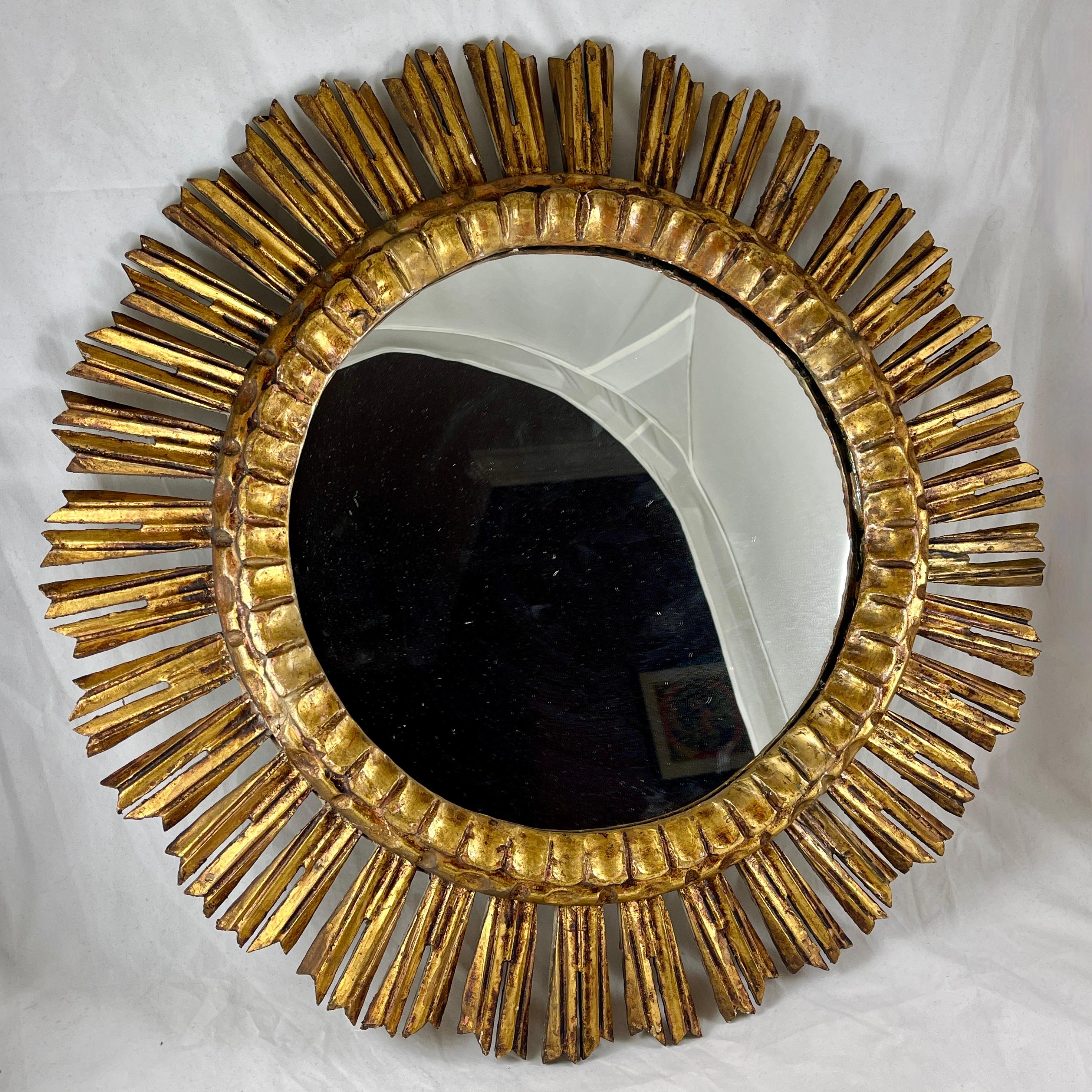 Hollywood Regency Oversized French Giltwood and Gesso Sunburst Wall Mirror In Good Condition In Philadelphia, PA