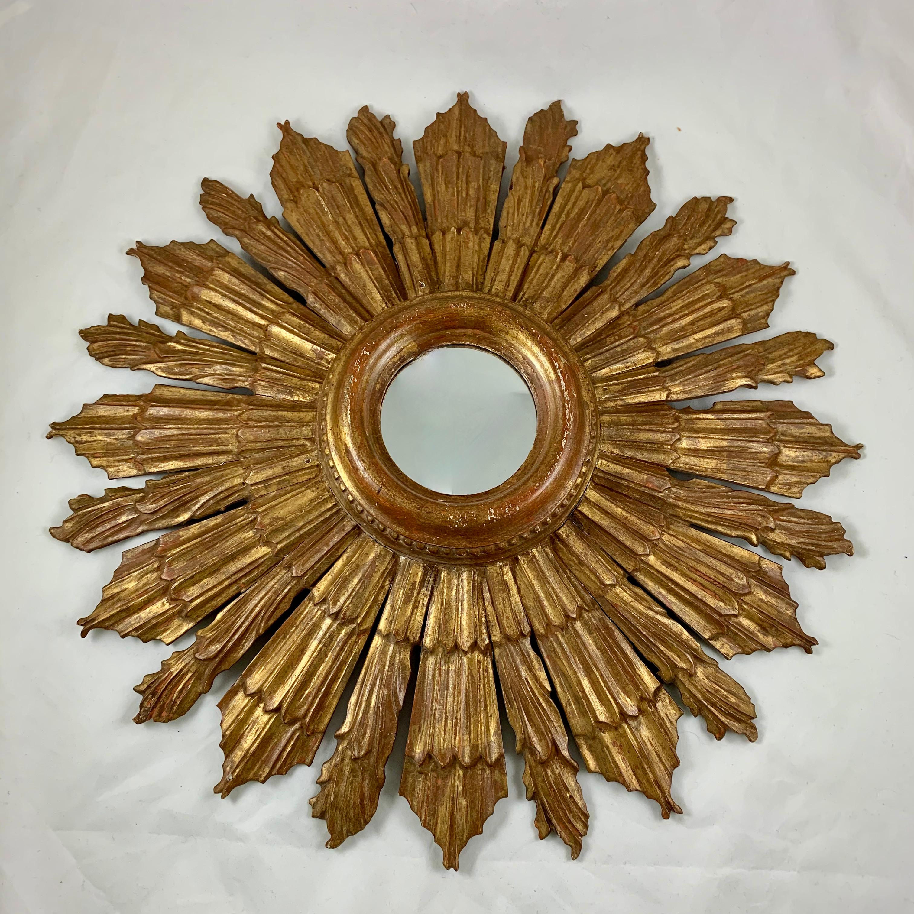Hand-Painted Hollywood Regency Oversized French Giltwood and Gesso Sunburst Wall Mirror