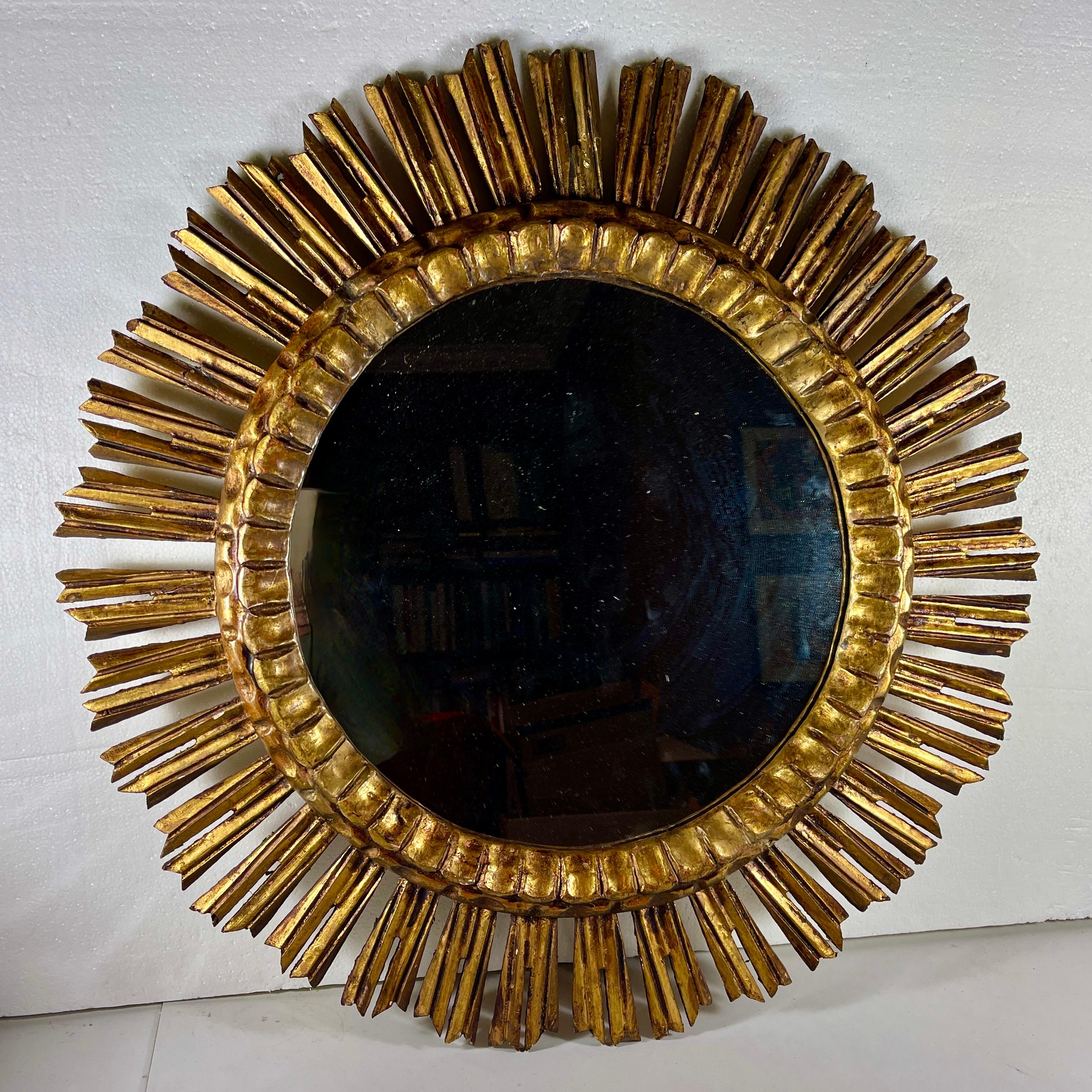 20th Century Hollywood Regency Oversized French Giltwood and Gesso Sunburst Wall Mirror