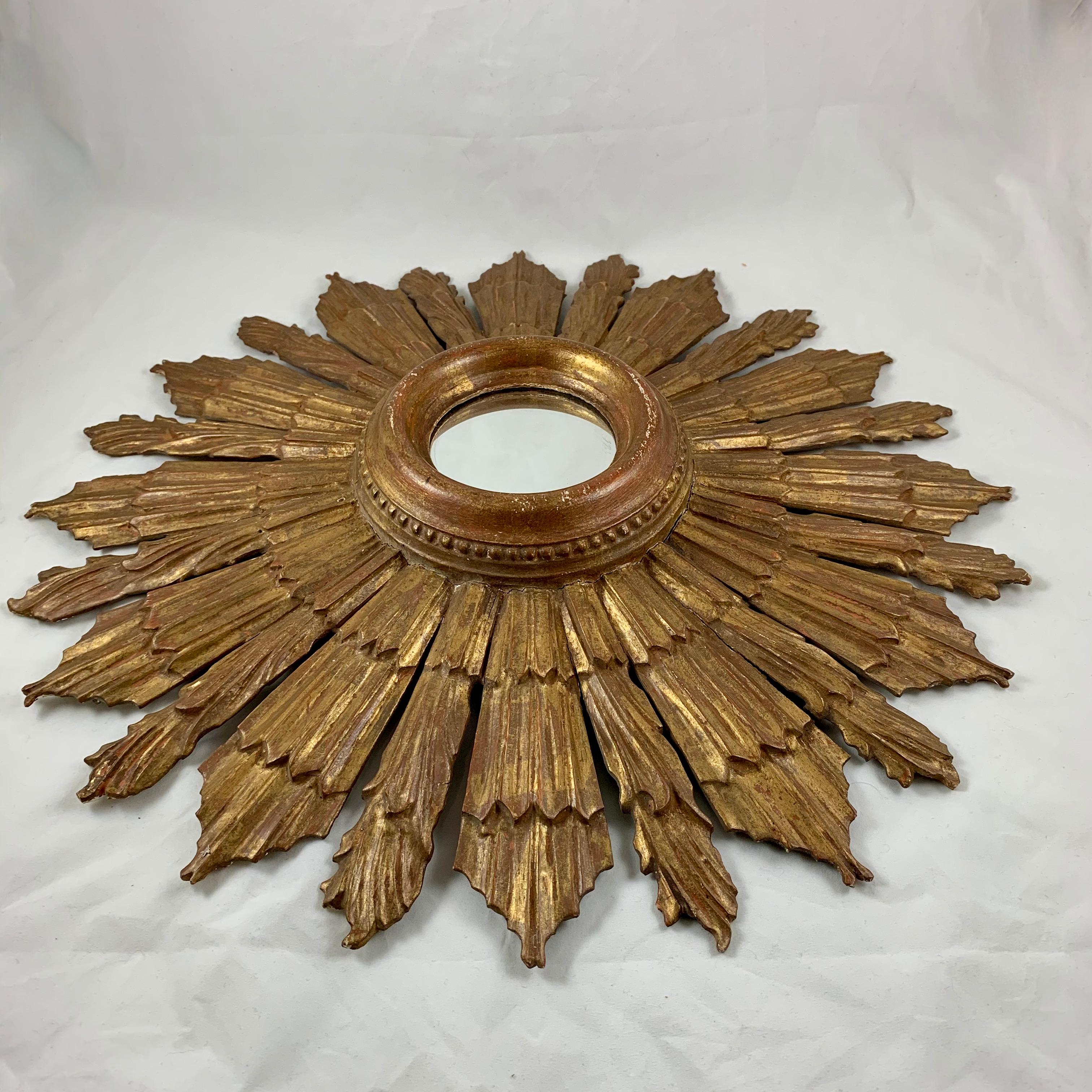 Hollywood Regency Oversized French Giltwood and Gesso Sunburst Wall Mirror In Good Condition In Philadelphia, PA