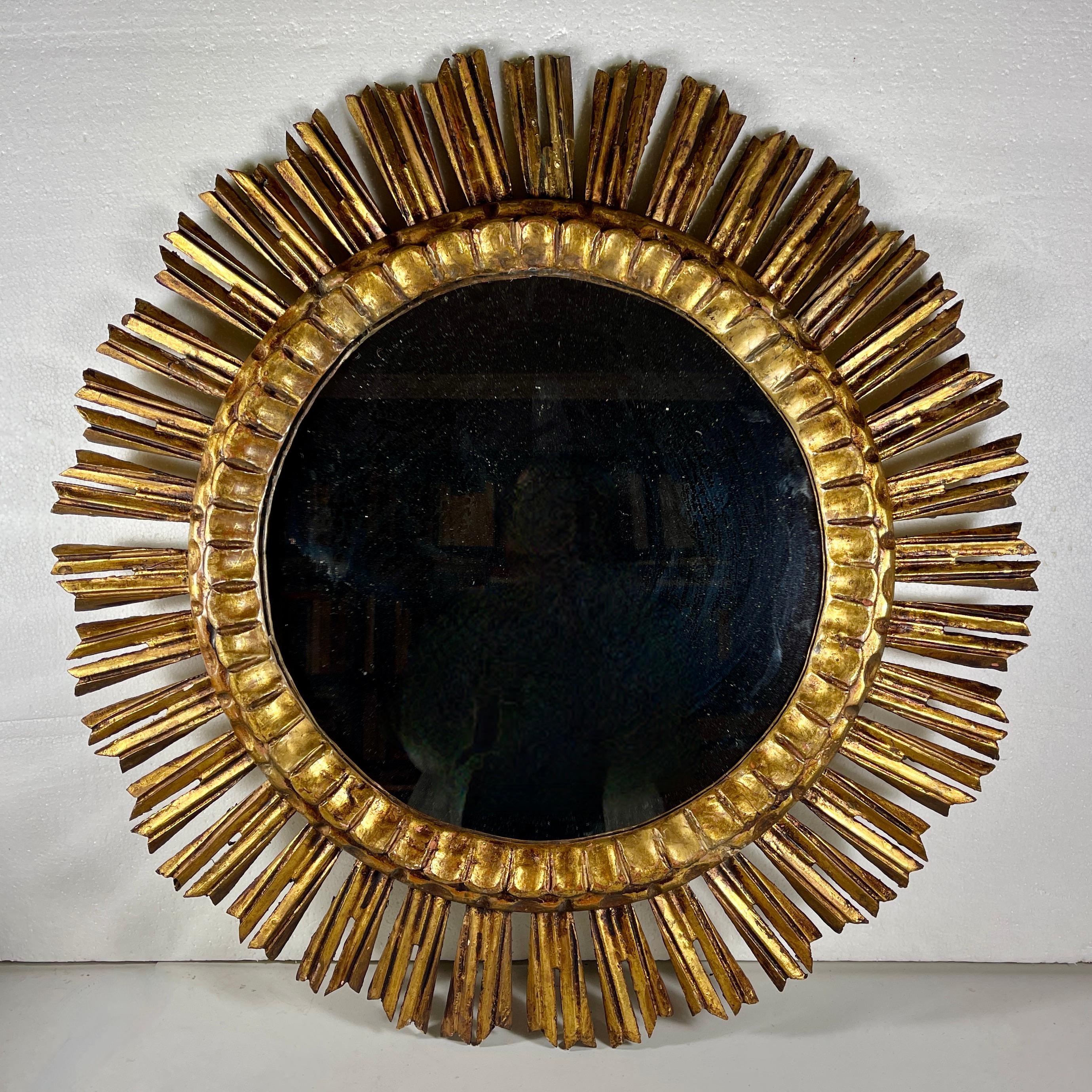 Hollywood Regency Oversized French Giltwood and Gesso Sunburst Wall Mirror 1