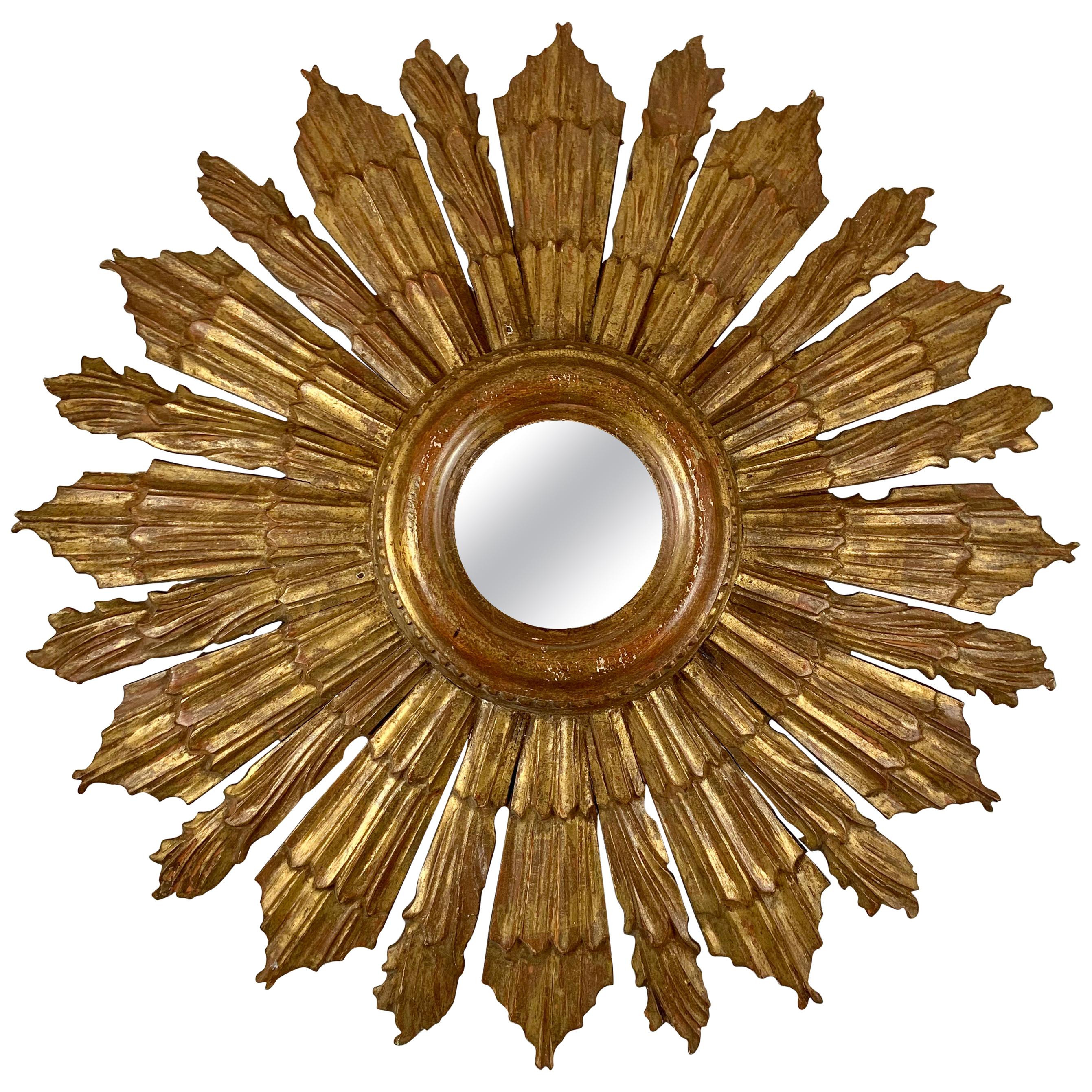 Hollywood Regency Oversized French Giltwood and Gesso Sunburst Wall Mirror
