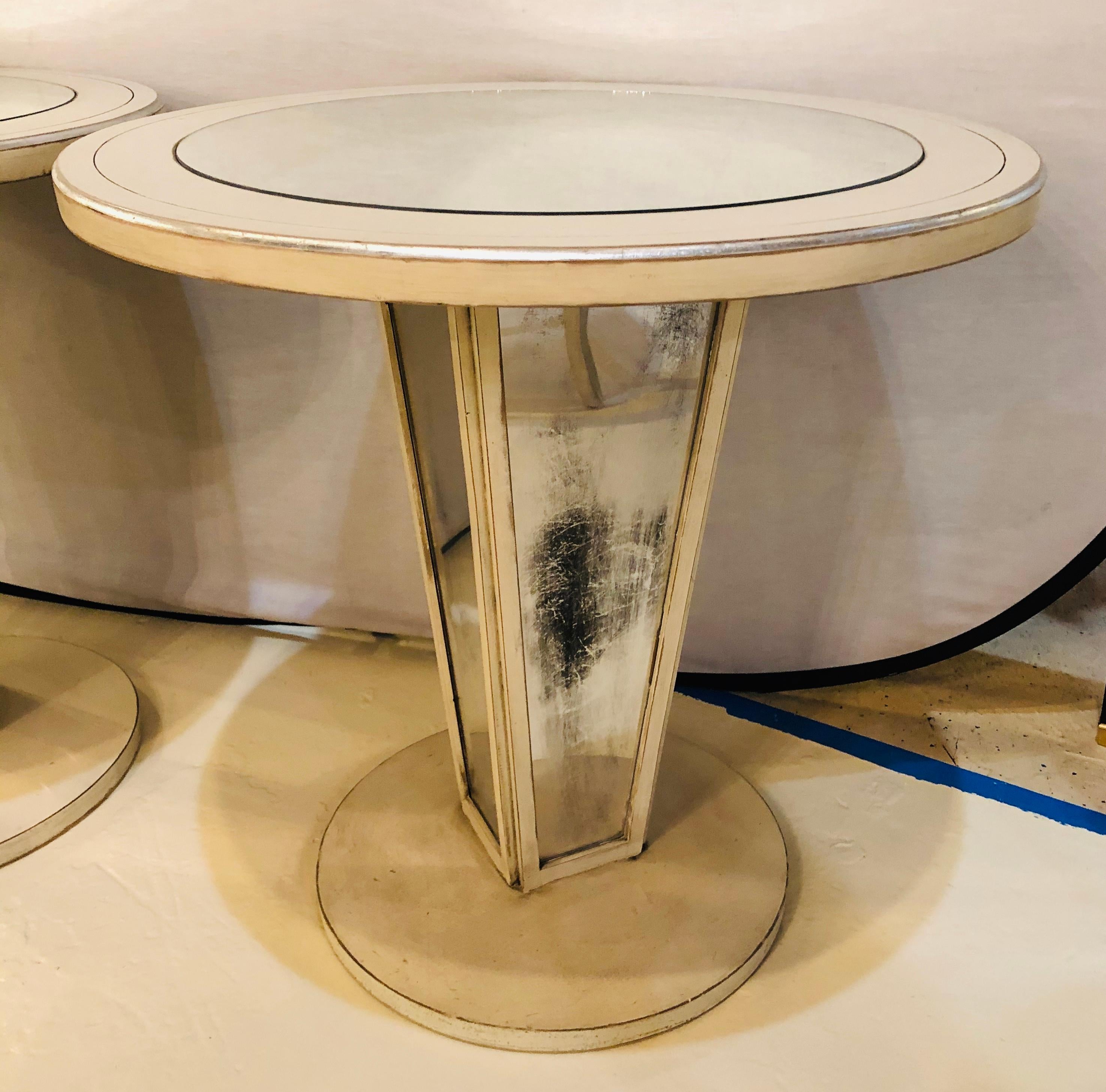 Hollywood Regency Paint Decorated Mirrored Side, End or Lamp Tables, a Pair In Good Condition For Sale In Stamford, CT