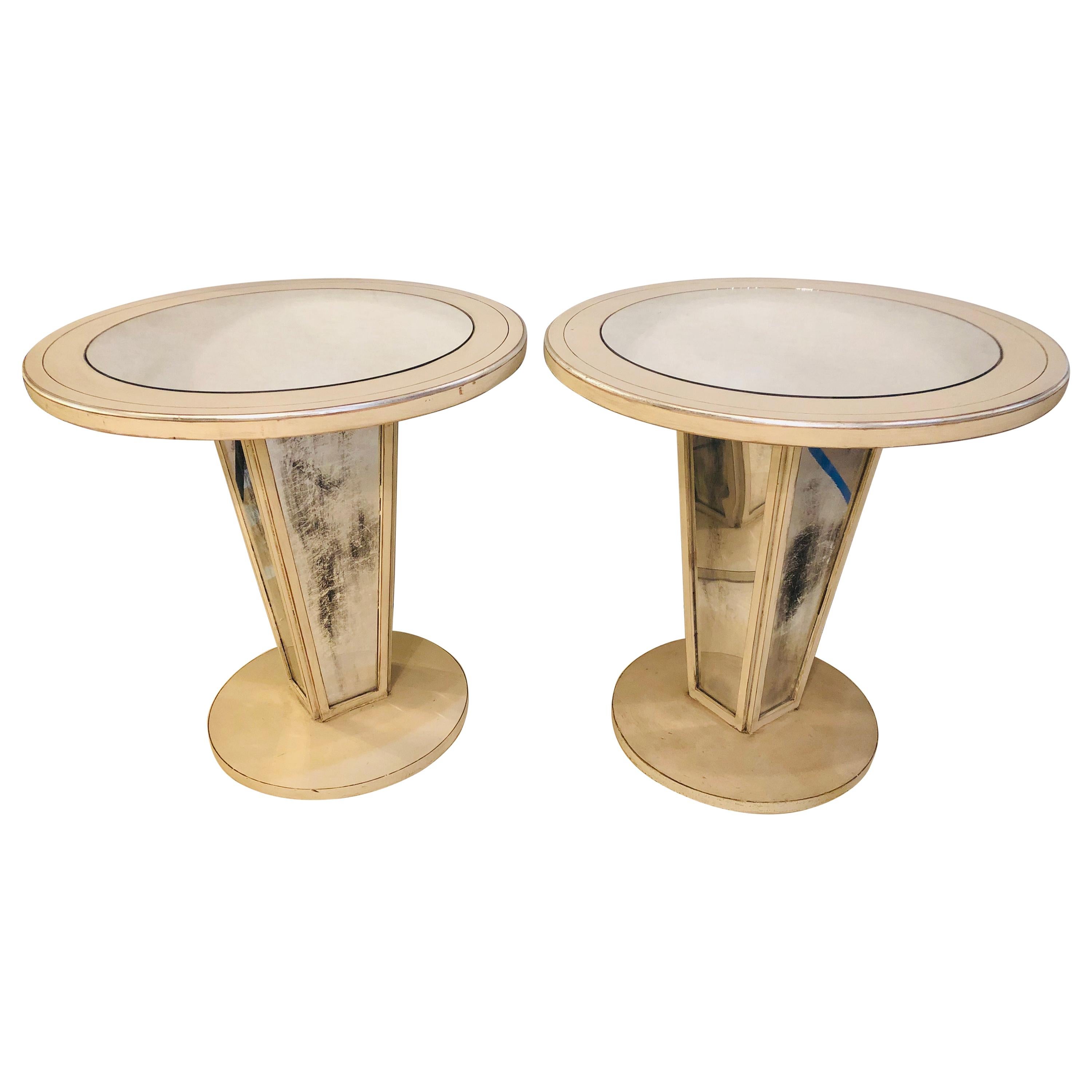 Hollywood Regency Paint Decorated Mirrored Side, End or Lamp Tables, a Pair