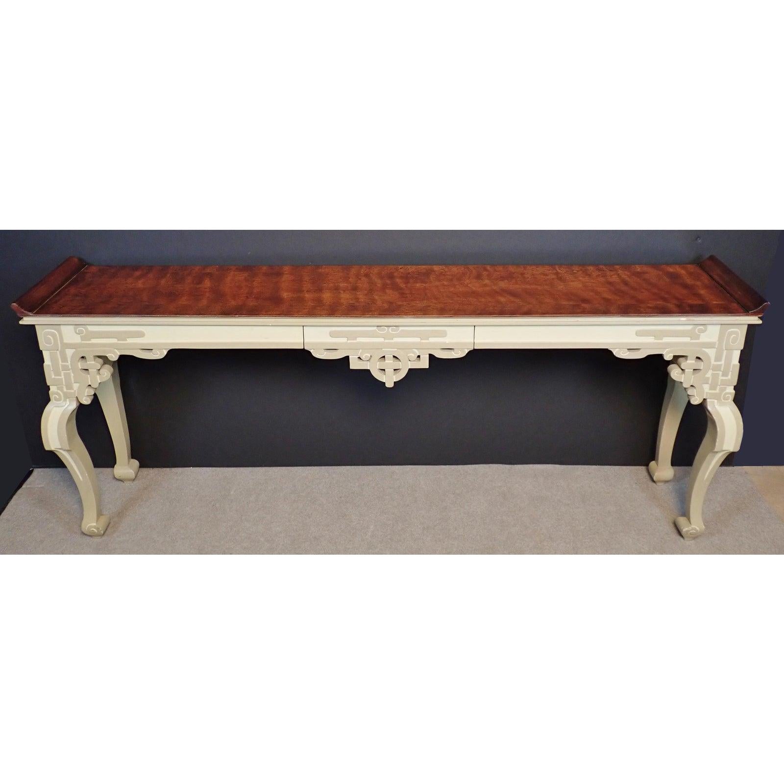 Painted and Burled Wood Console Table. Chinoiserie console table. Painted in two tones of eggshell. Beautiful finished burl wood top