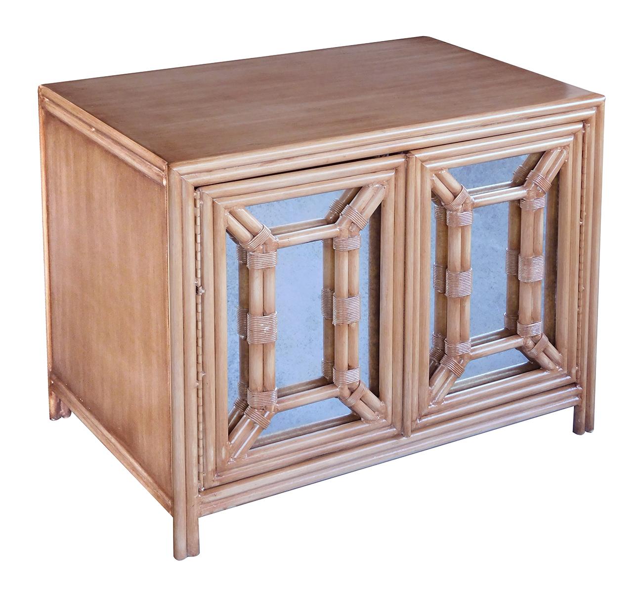 Hollywood Regency Painted Faux Bamboo and Mirrored 2-Door Cabinets In Excellent Condition For Sale In San Francisco, CA