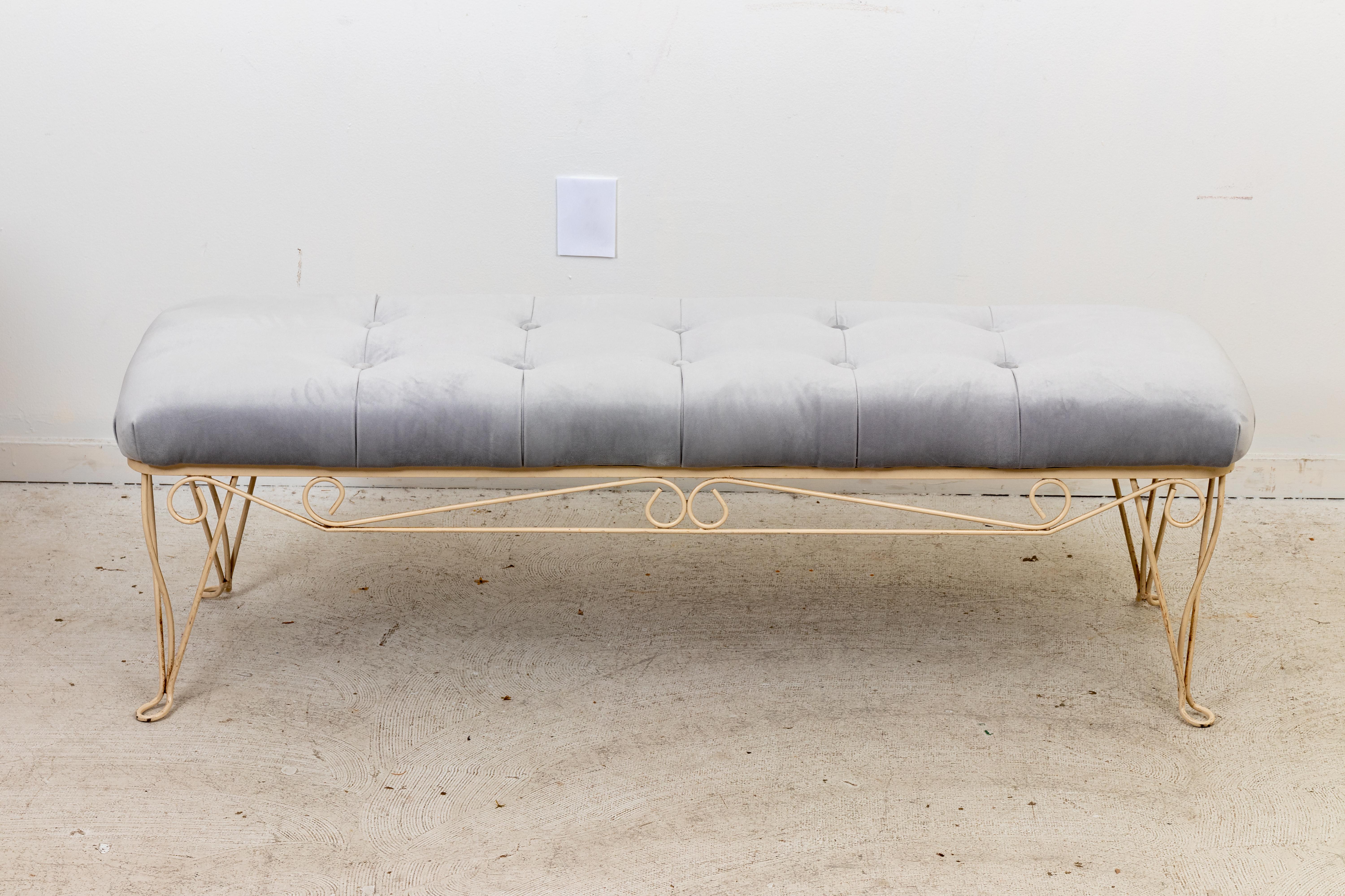 Vintage Hollywood Regency Painted Steel and Velvet Bench In Good Condition In New York, NY