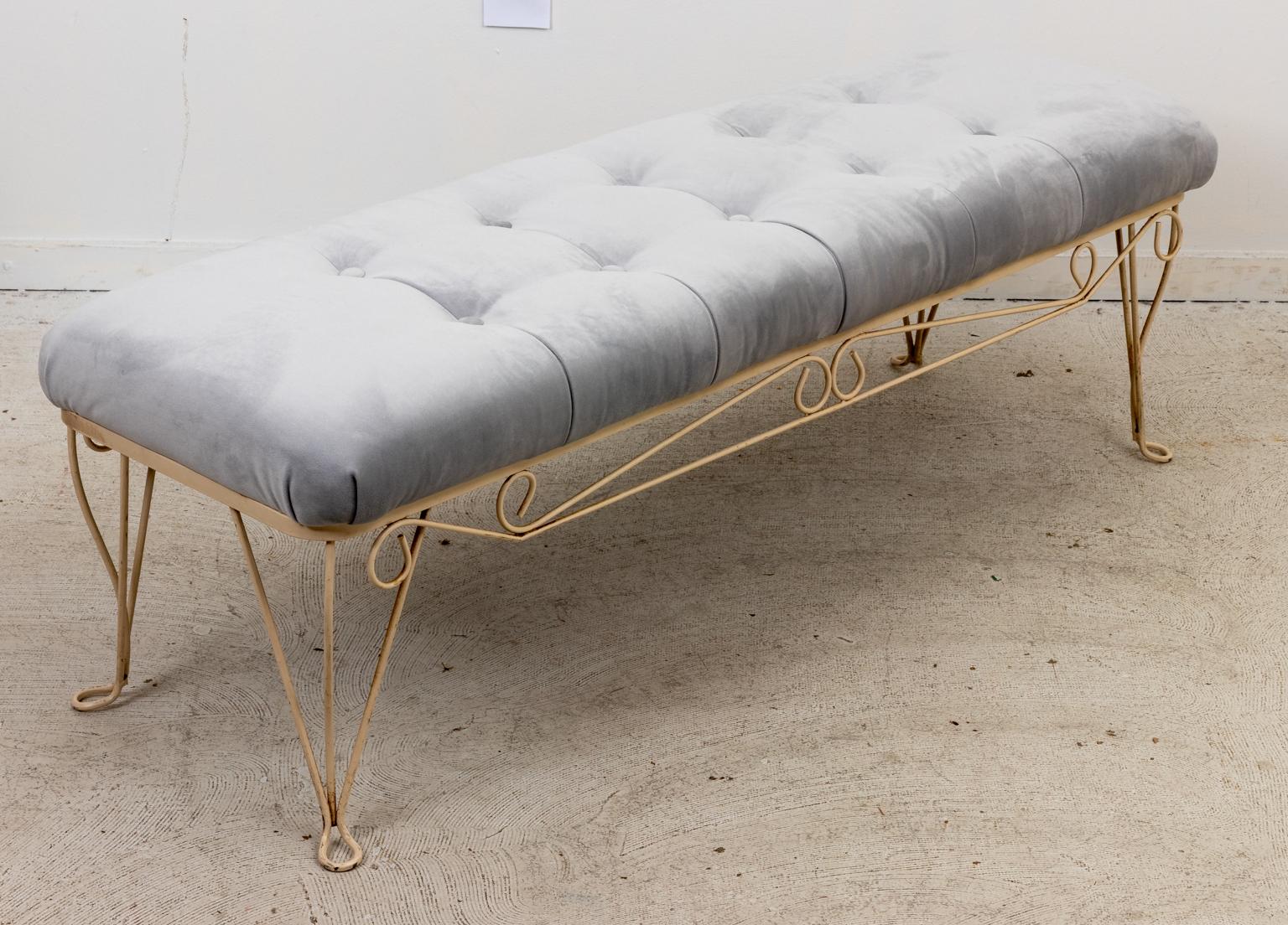 20th Century Hollywood Regency Painted Steel and Velvet Bench